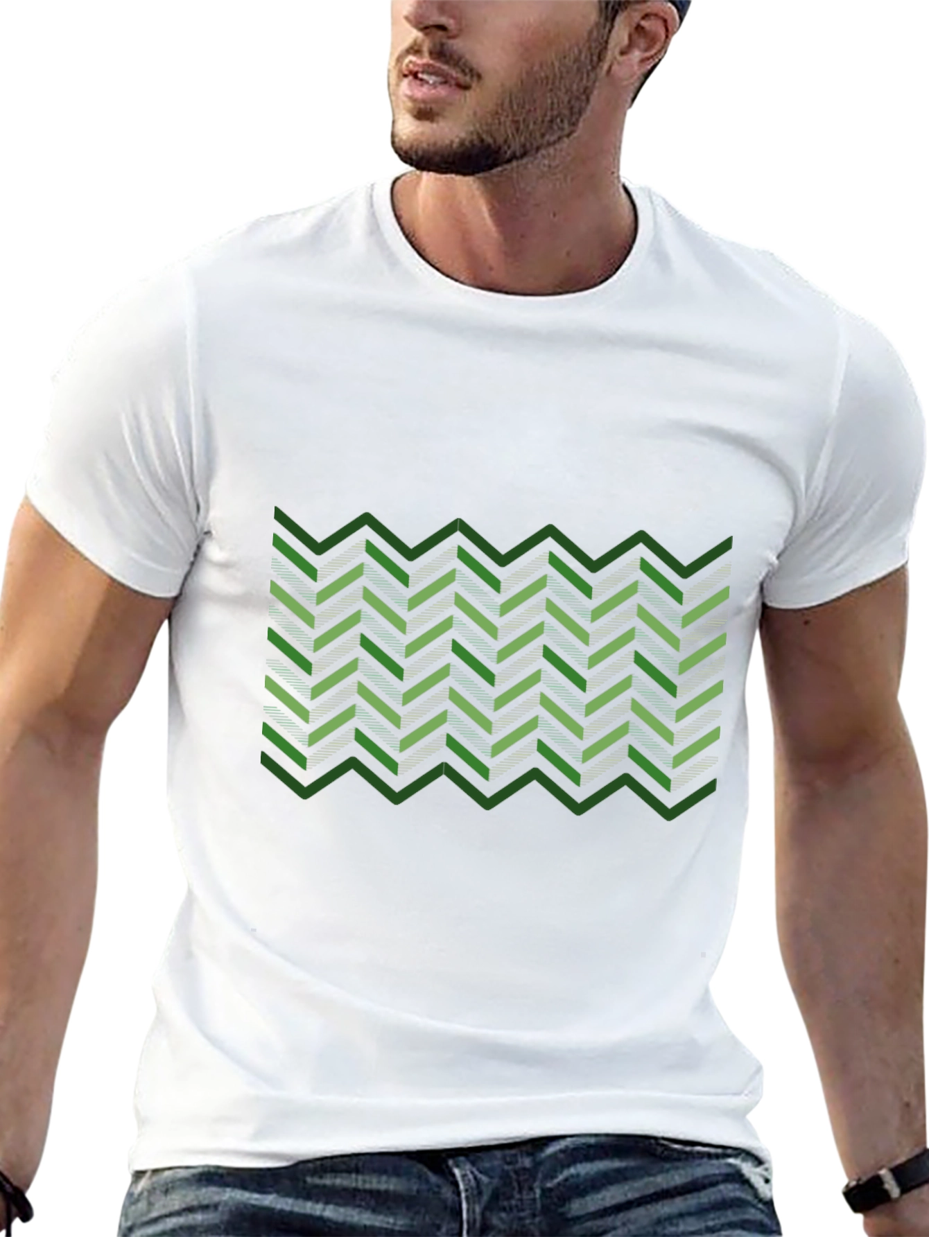 Green Chevron Pattern Black T-Shirt