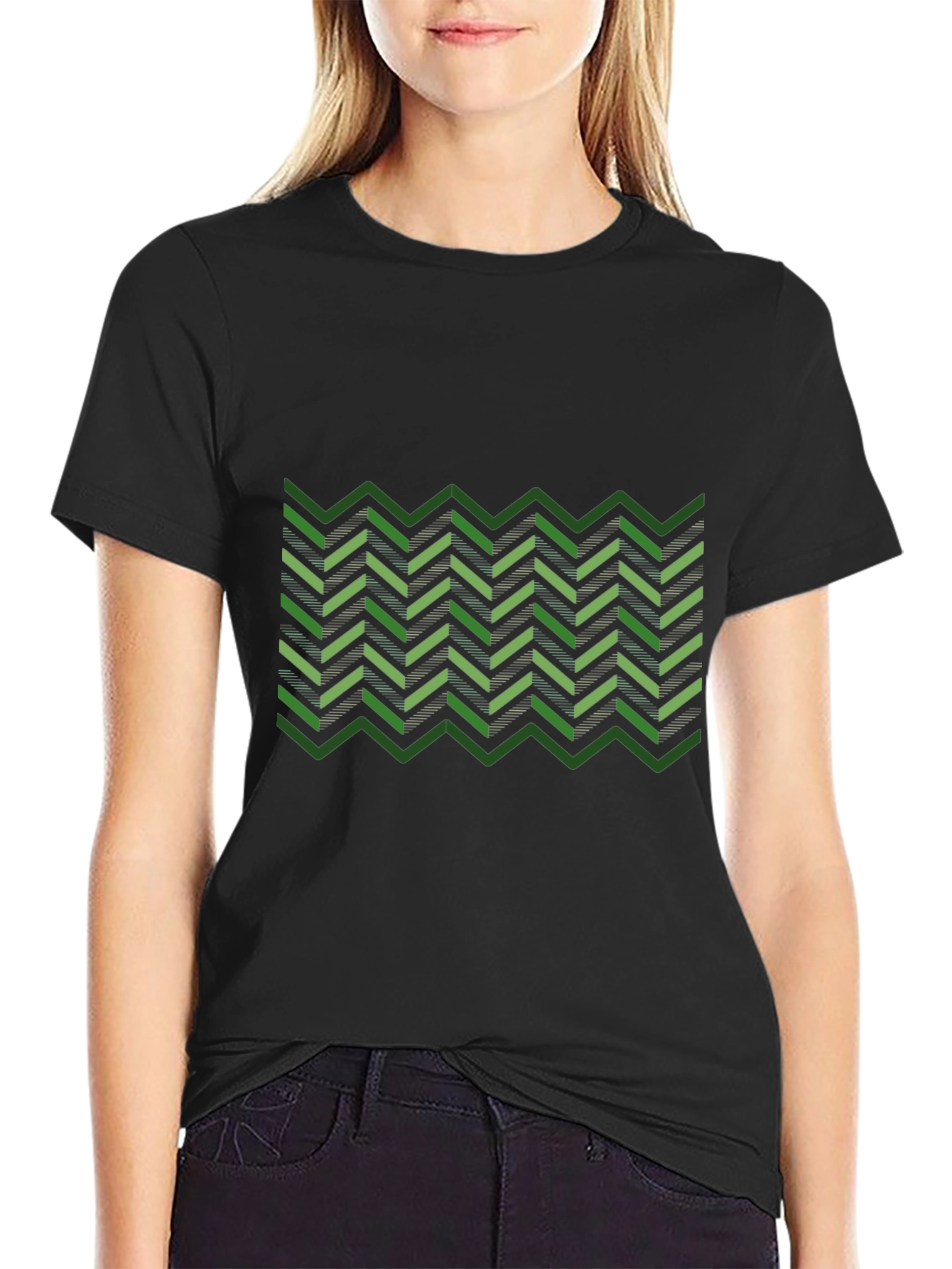 Green Chevron Pattern Black T-Shirt