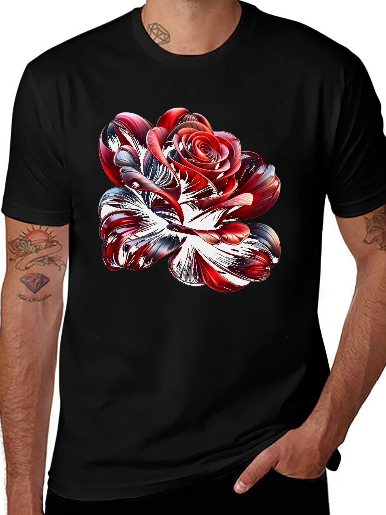 Abstract Rose Graphic Black Tee Shirt