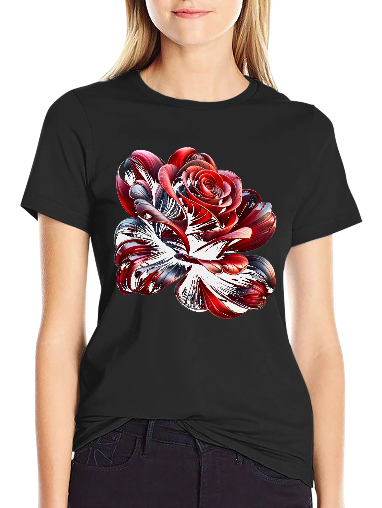 Abstract Rose Graphic Black Tee Shirt