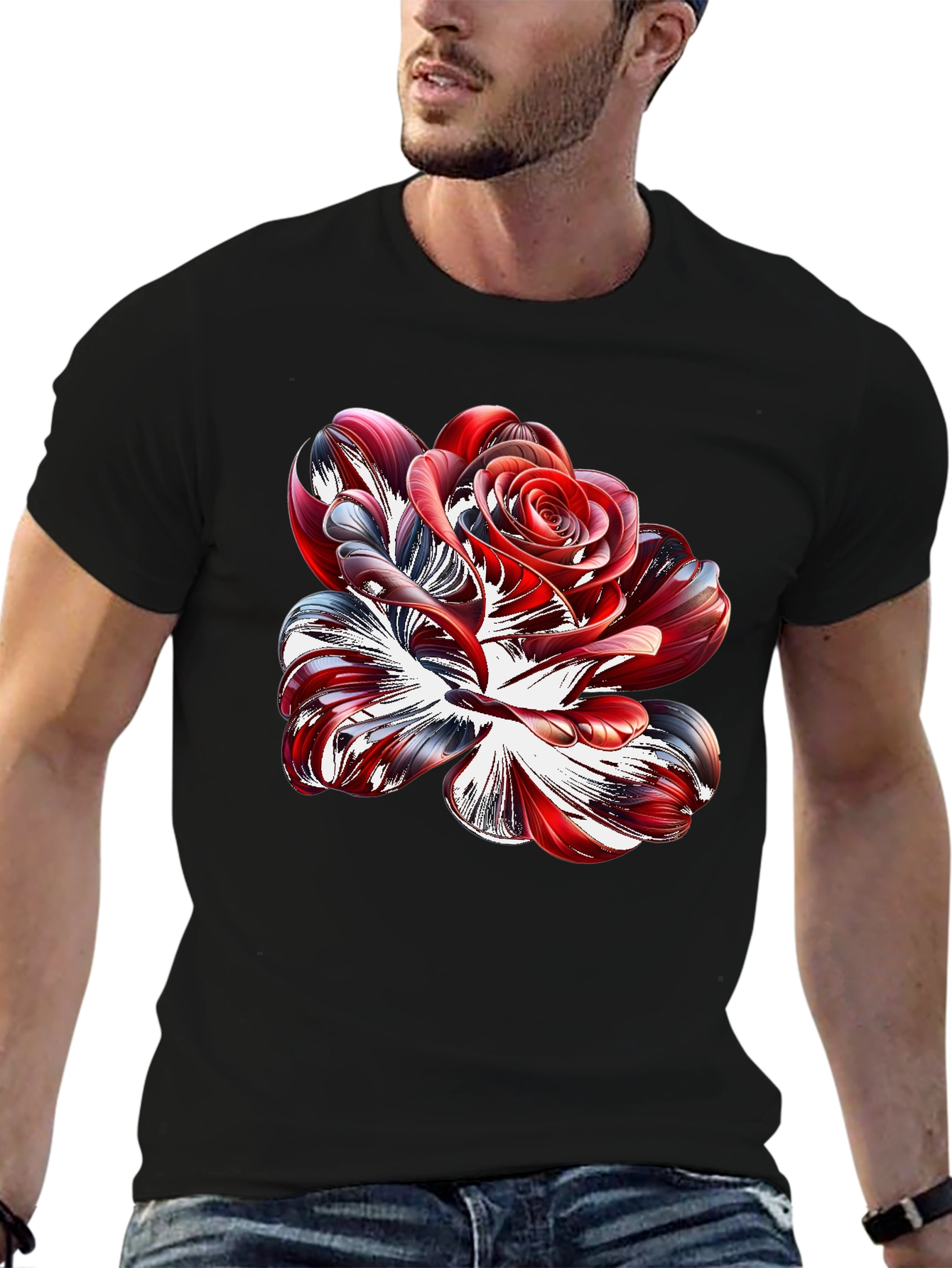 Abstract Rose Graphic Black Tee Shirt