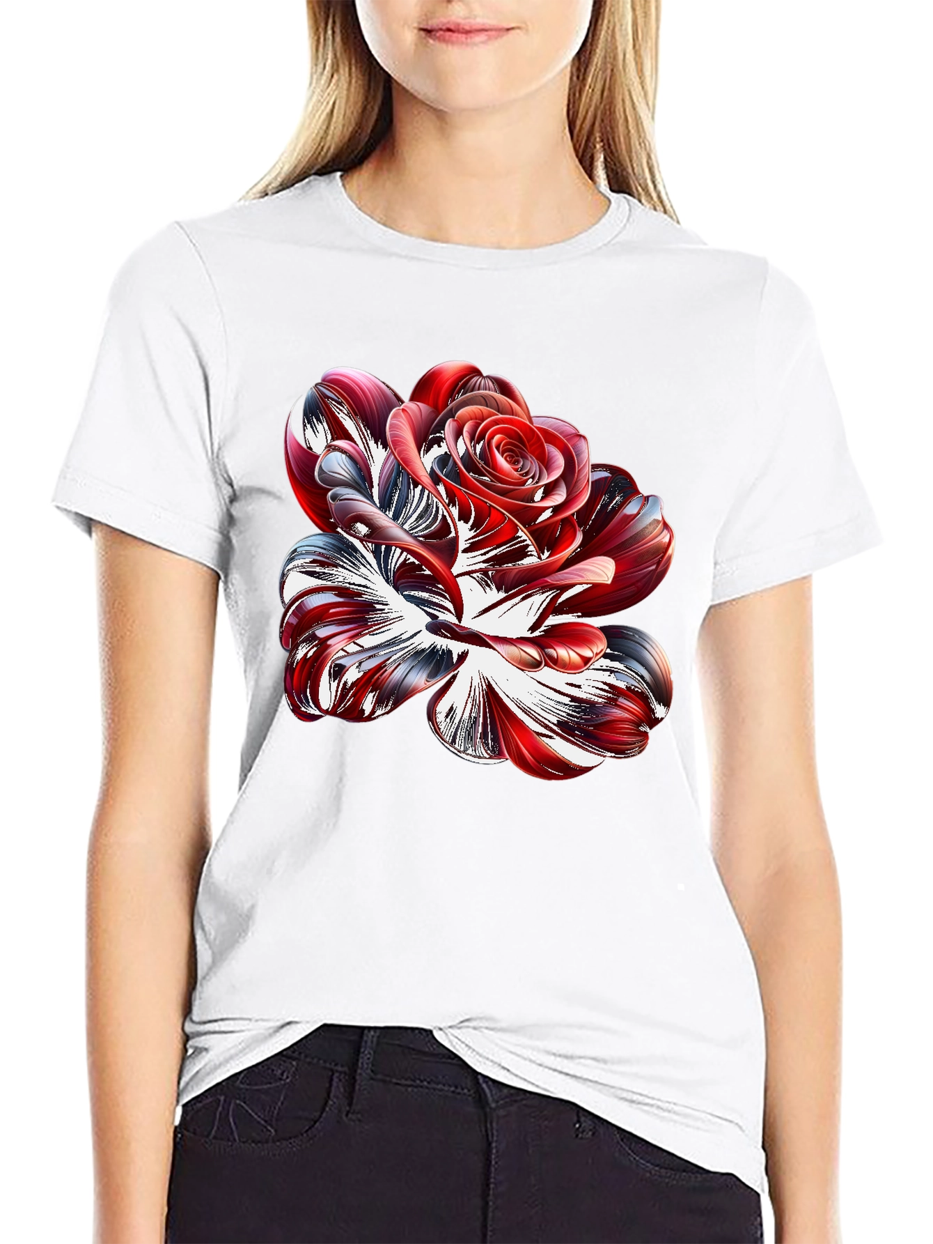 Abstract Rose Graphic Black Tee Shirt