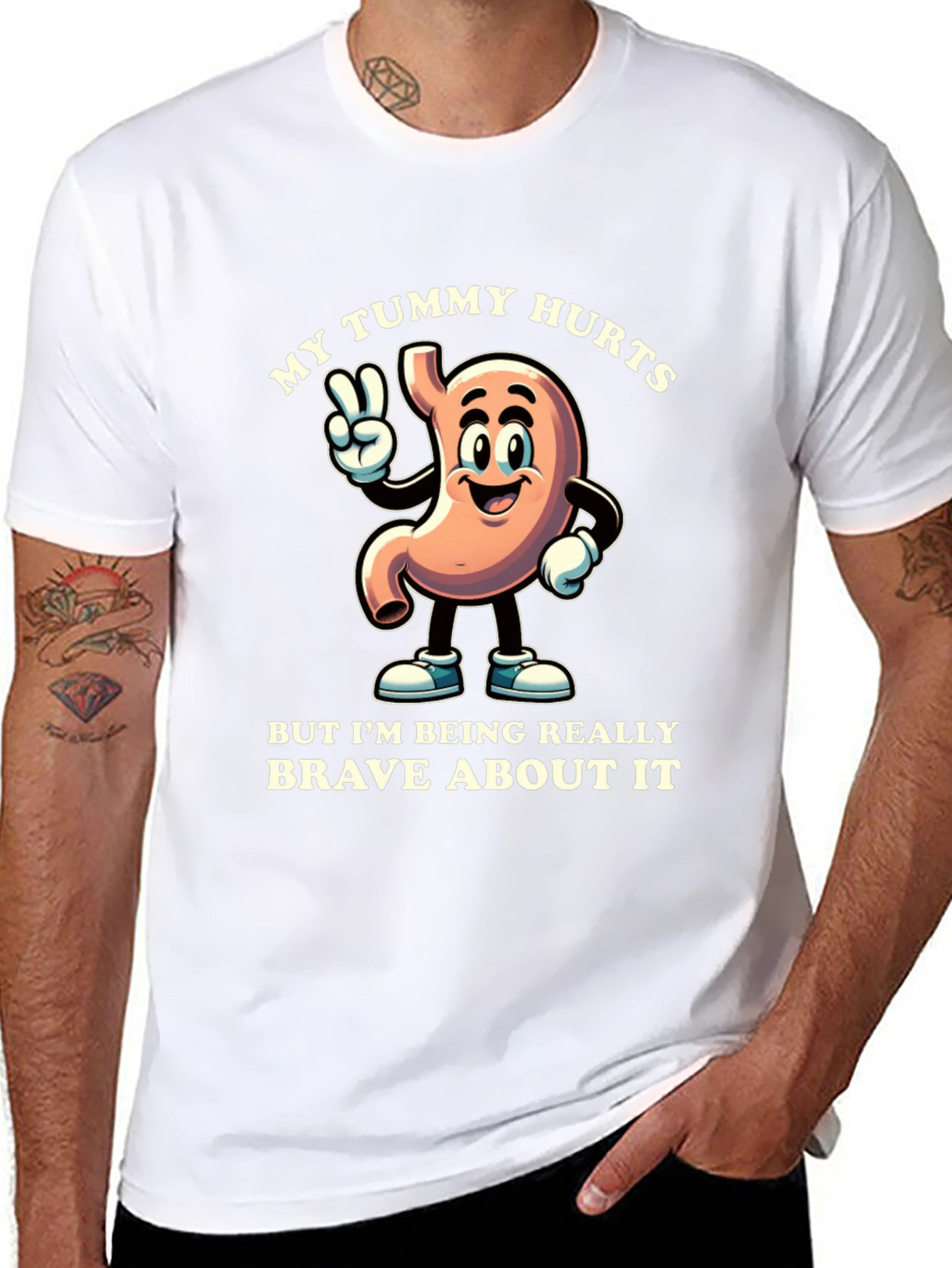 My Tummy Hurts Brave Cartoon Stomach Black T-Shirt