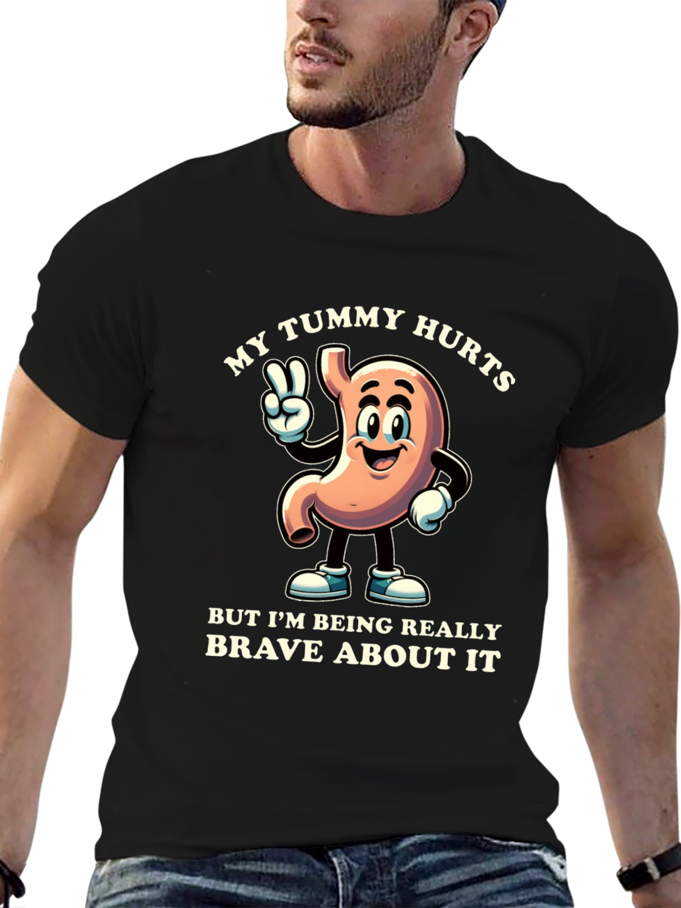My Tummy Hurts Brave Cartoon Stomach Black T-Shirt