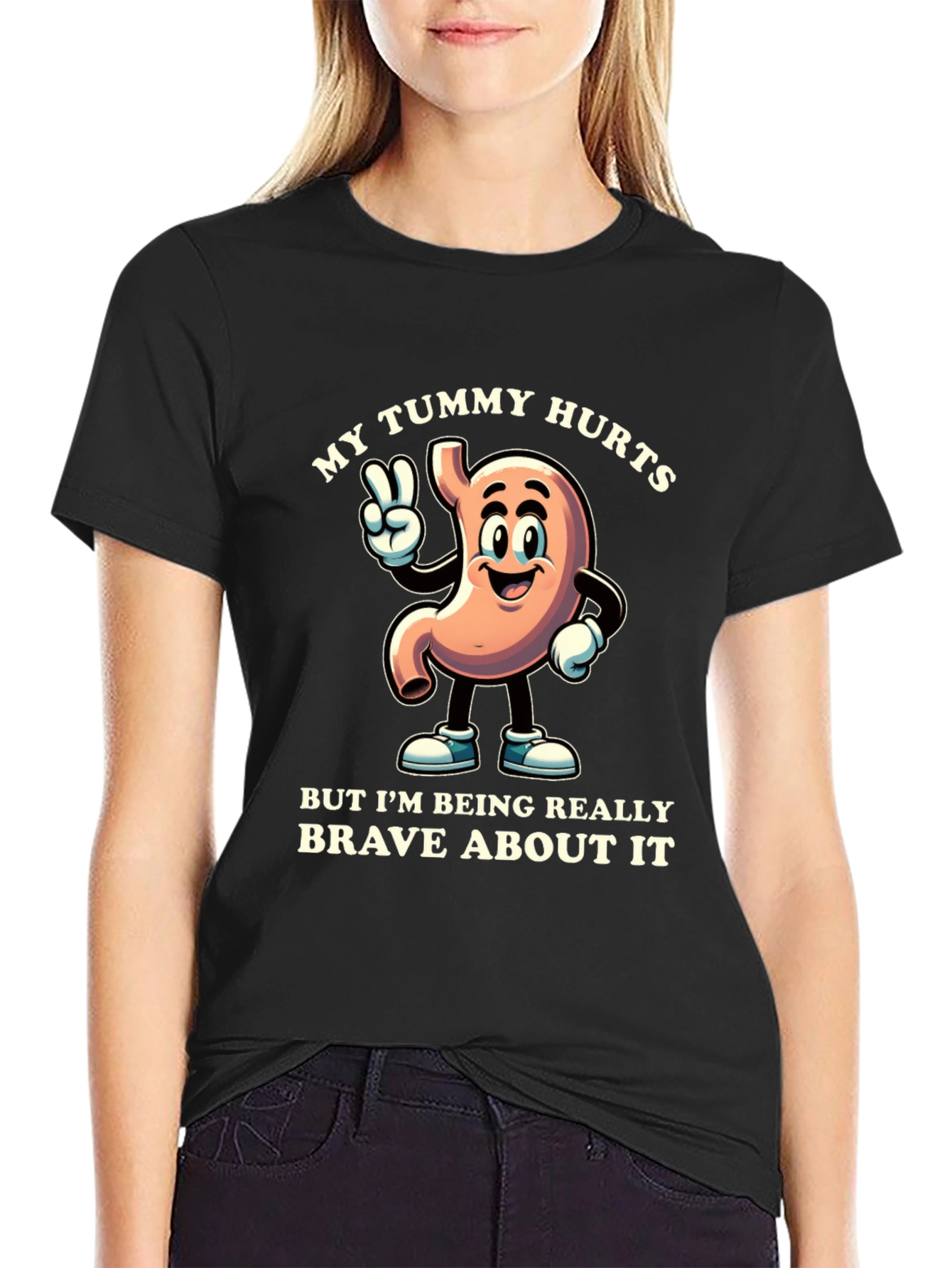 My Tummy Hurts Brave Cartoon Stomach Black T-Shirt