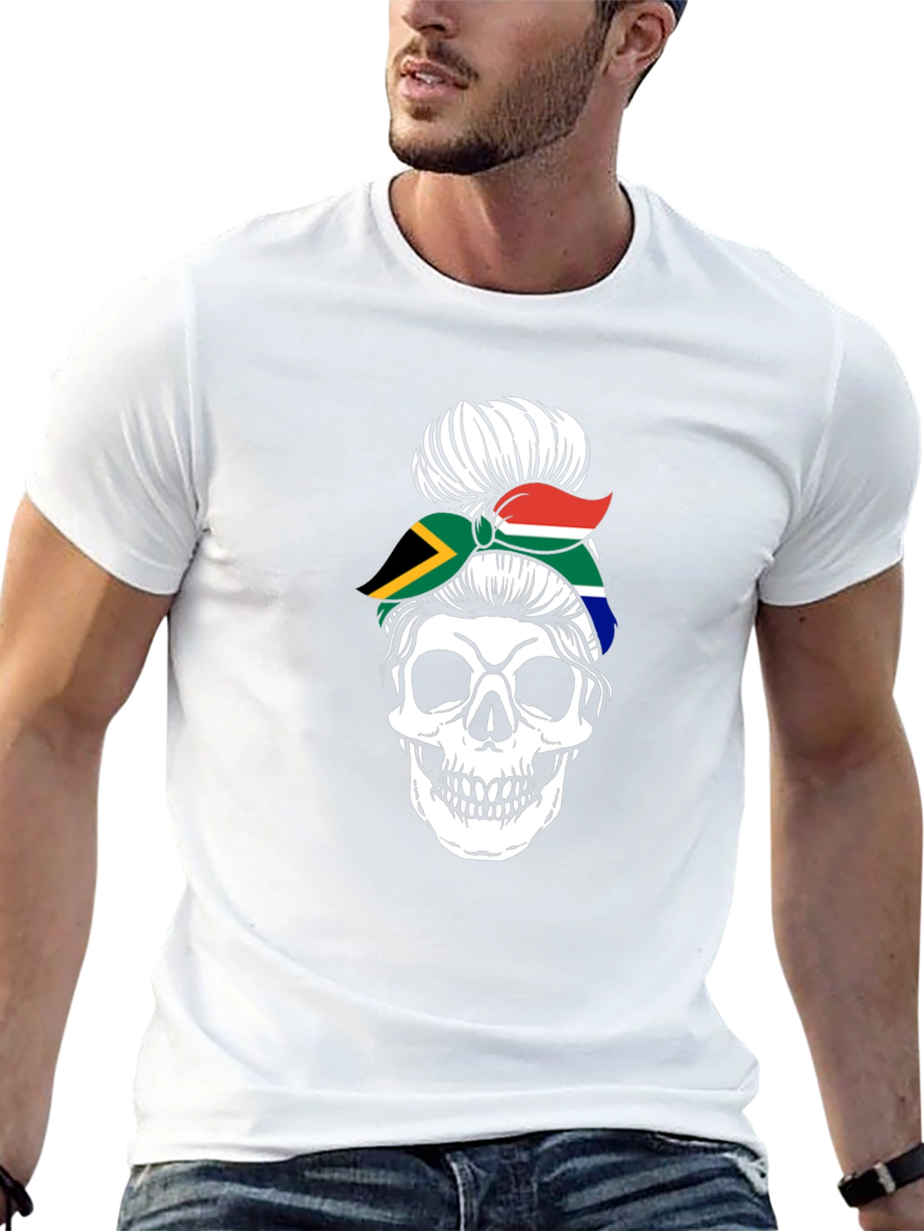 South Africa Skull Messy Bun T-Shirt