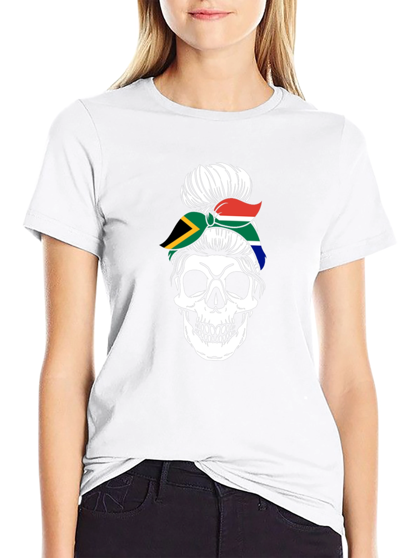 South Africa Skull Messy Bun T-Shirt