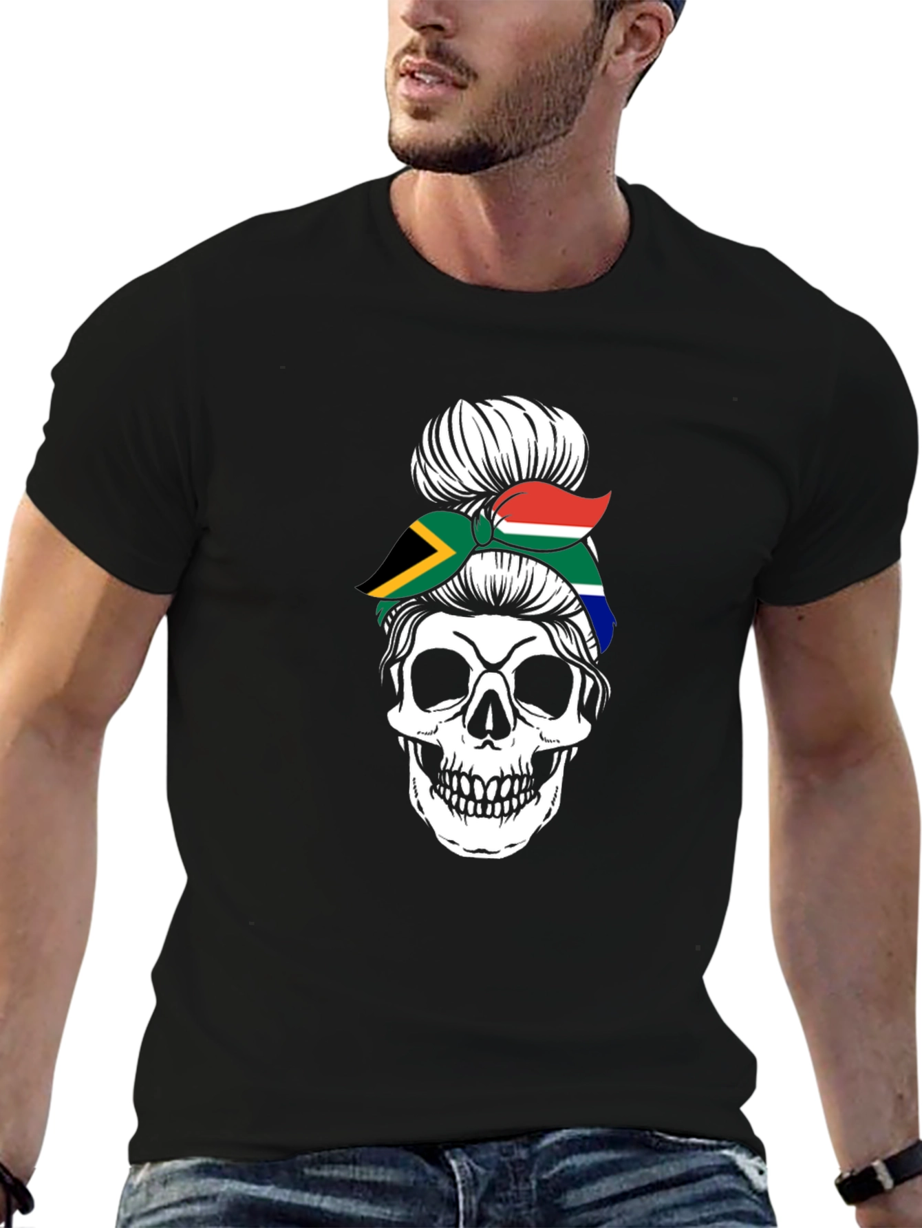 South Africa Skull Messy Bun T-Shirt
