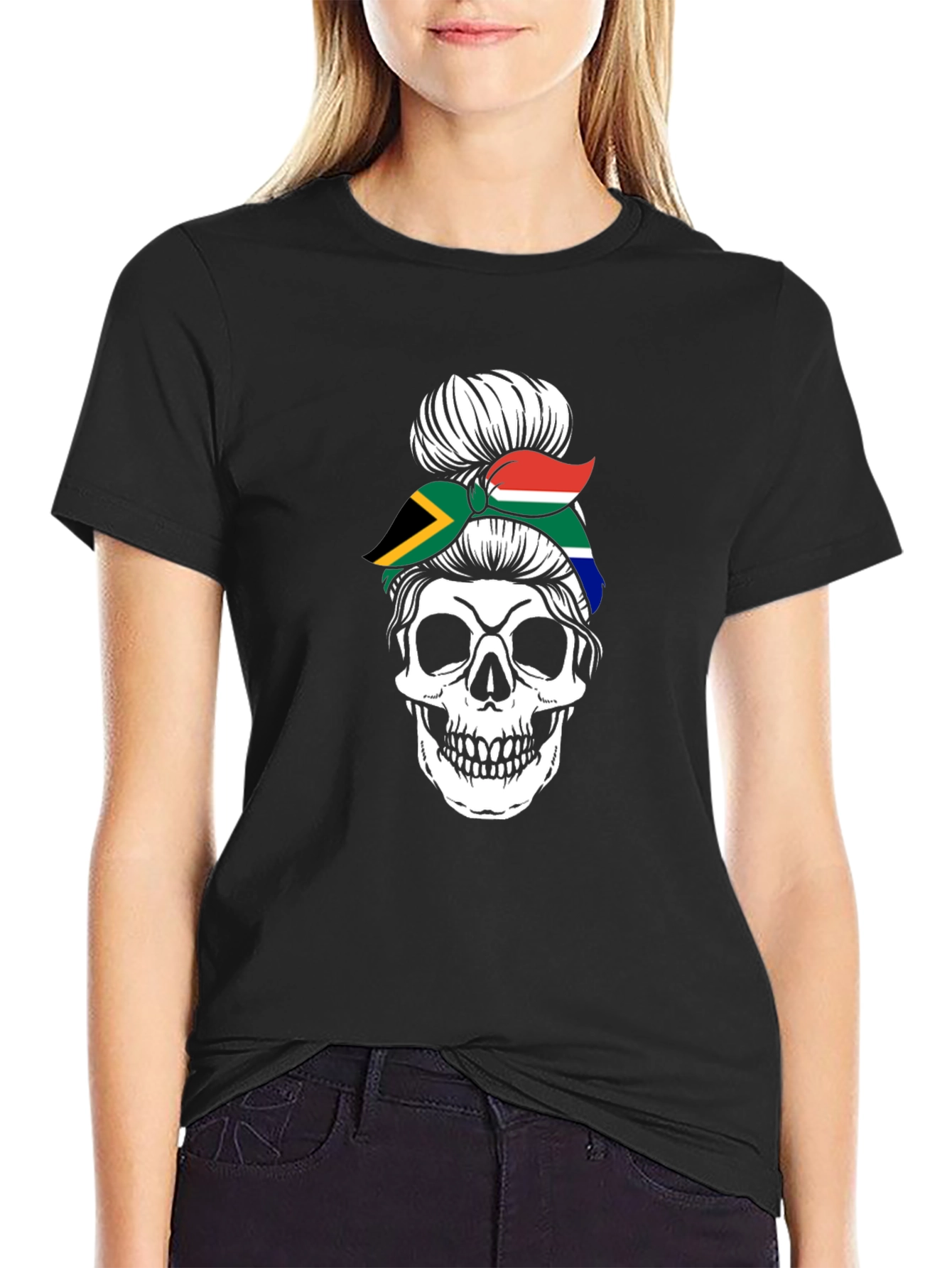 South Africa Skull Messy Bun T-Shirt