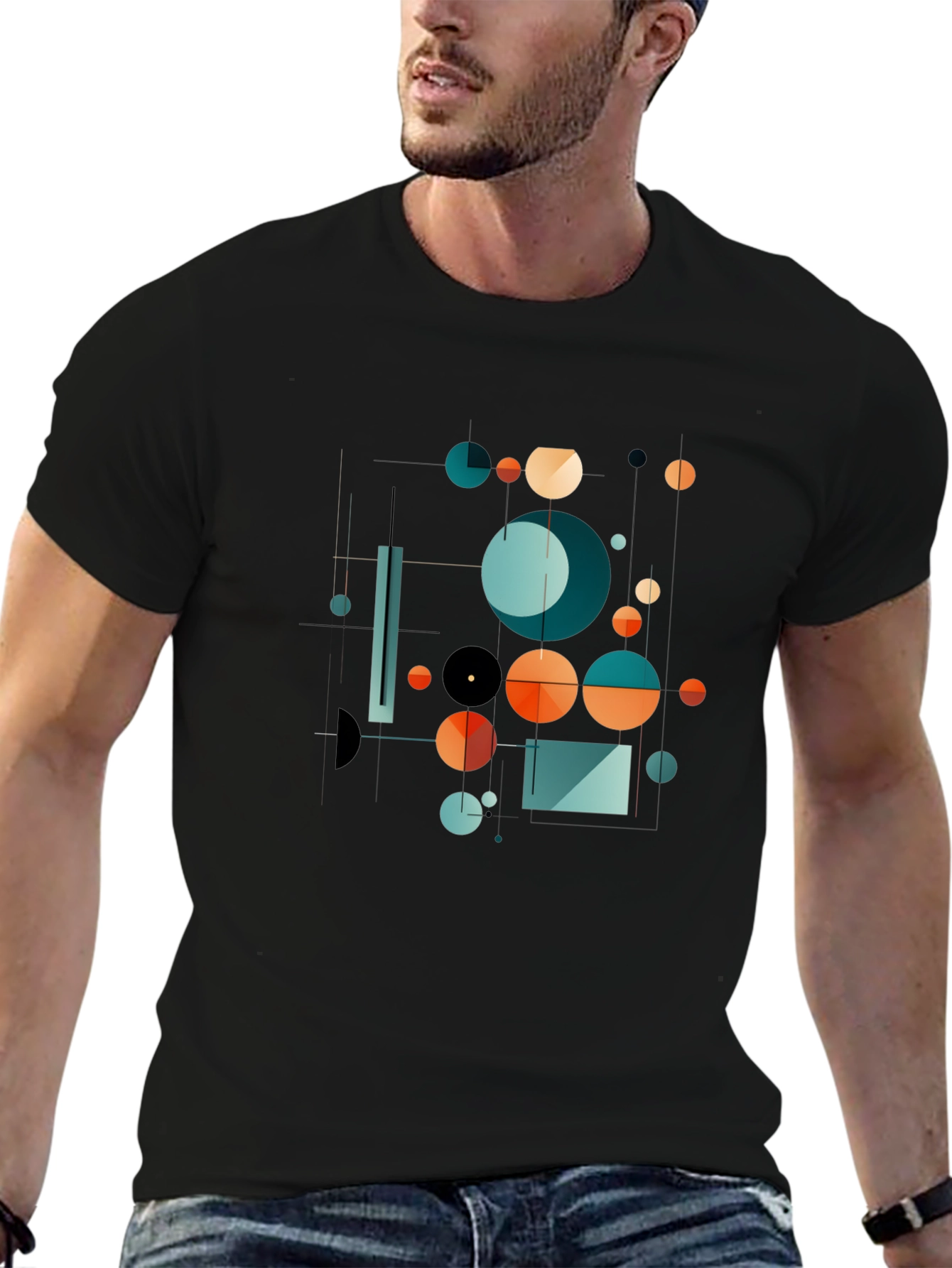 Abstract Geometric Circle Design Black T-Shirt