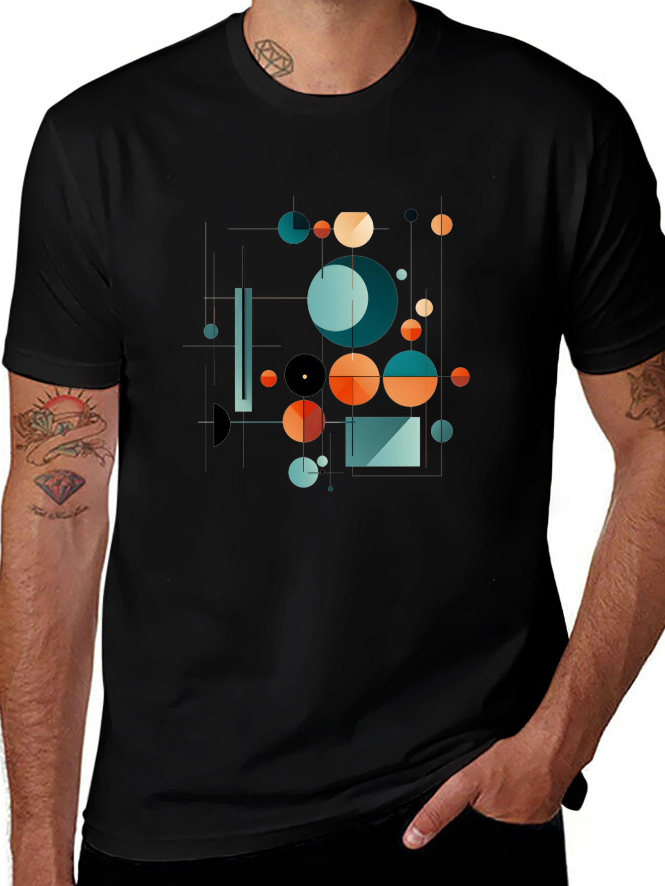 Abstract Geometric Circle Design Black T-Shirt