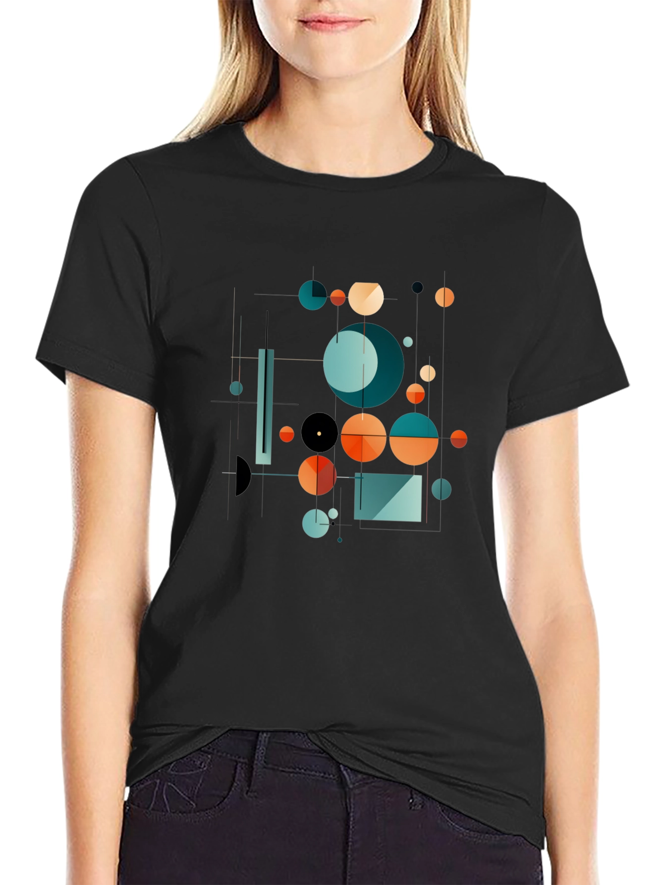 Abstract Geometric Circle Design Black T-Shirt