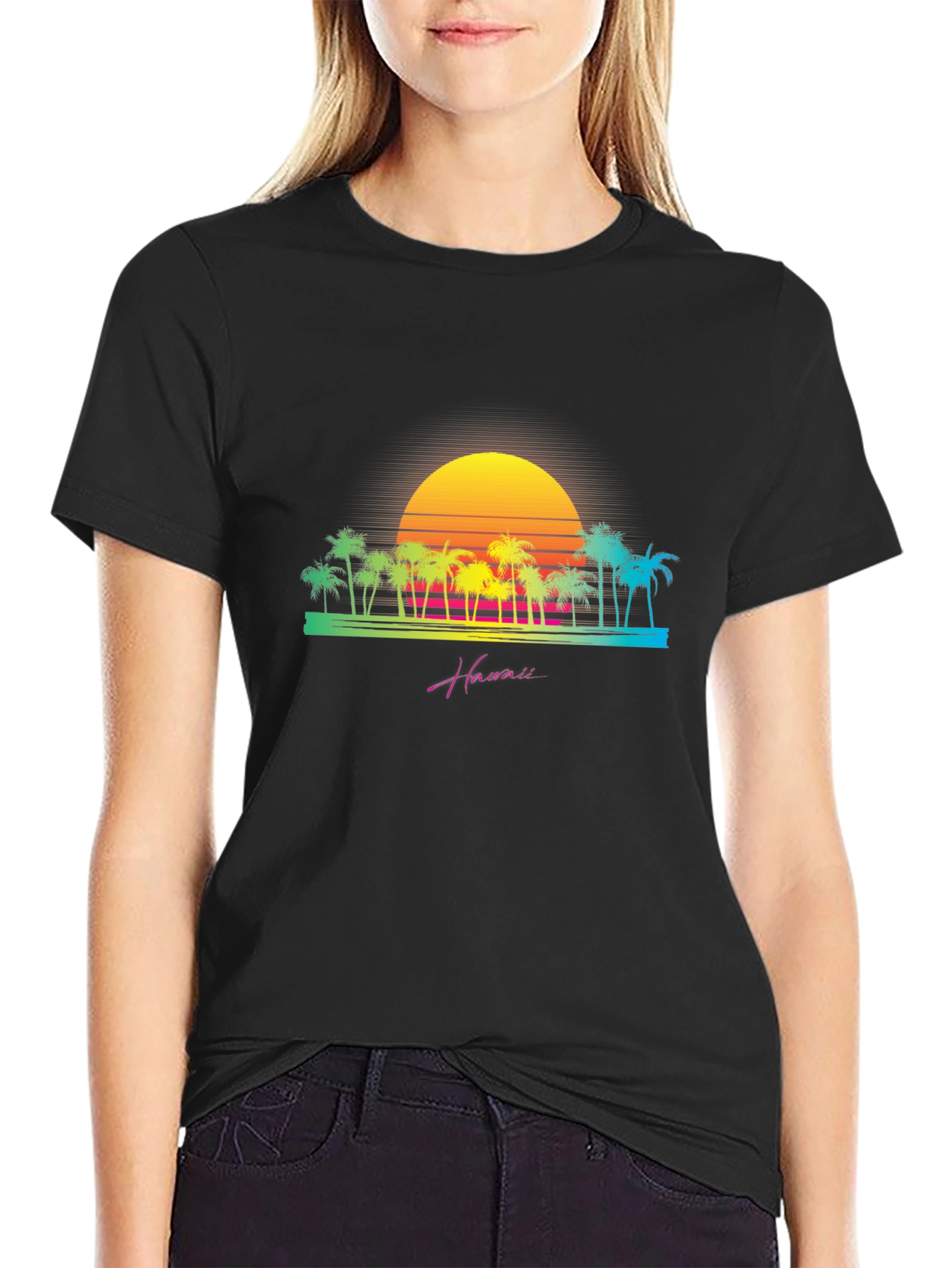 Retro Hawaii Sunset Palm Tree Graphic T-Shirt