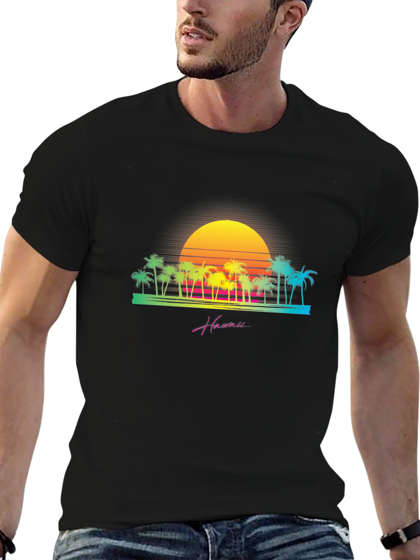 Retro Hawaii Sunset Palm Tree Graphic T-Shirt
