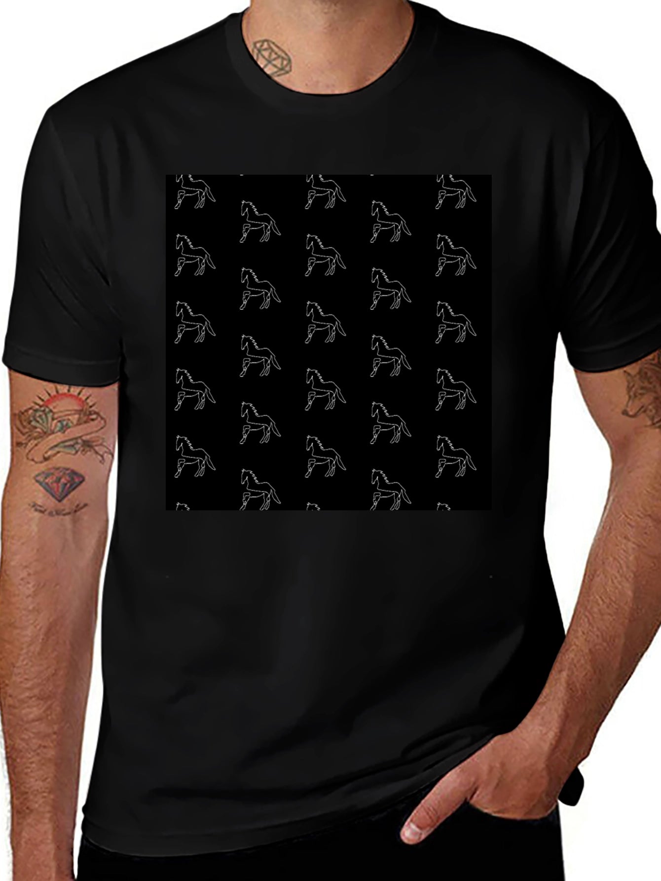 Horse Pattern Black T-Shirt