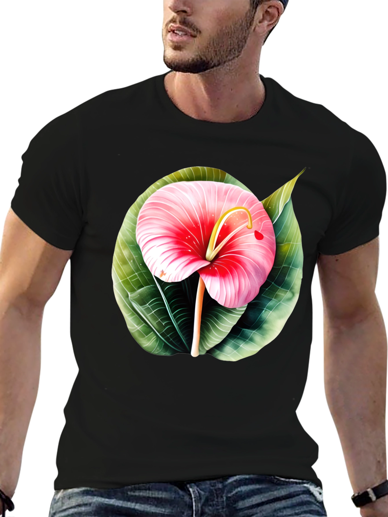 Tropical Flower Graphic Tee - Mens Black T-Shirt
