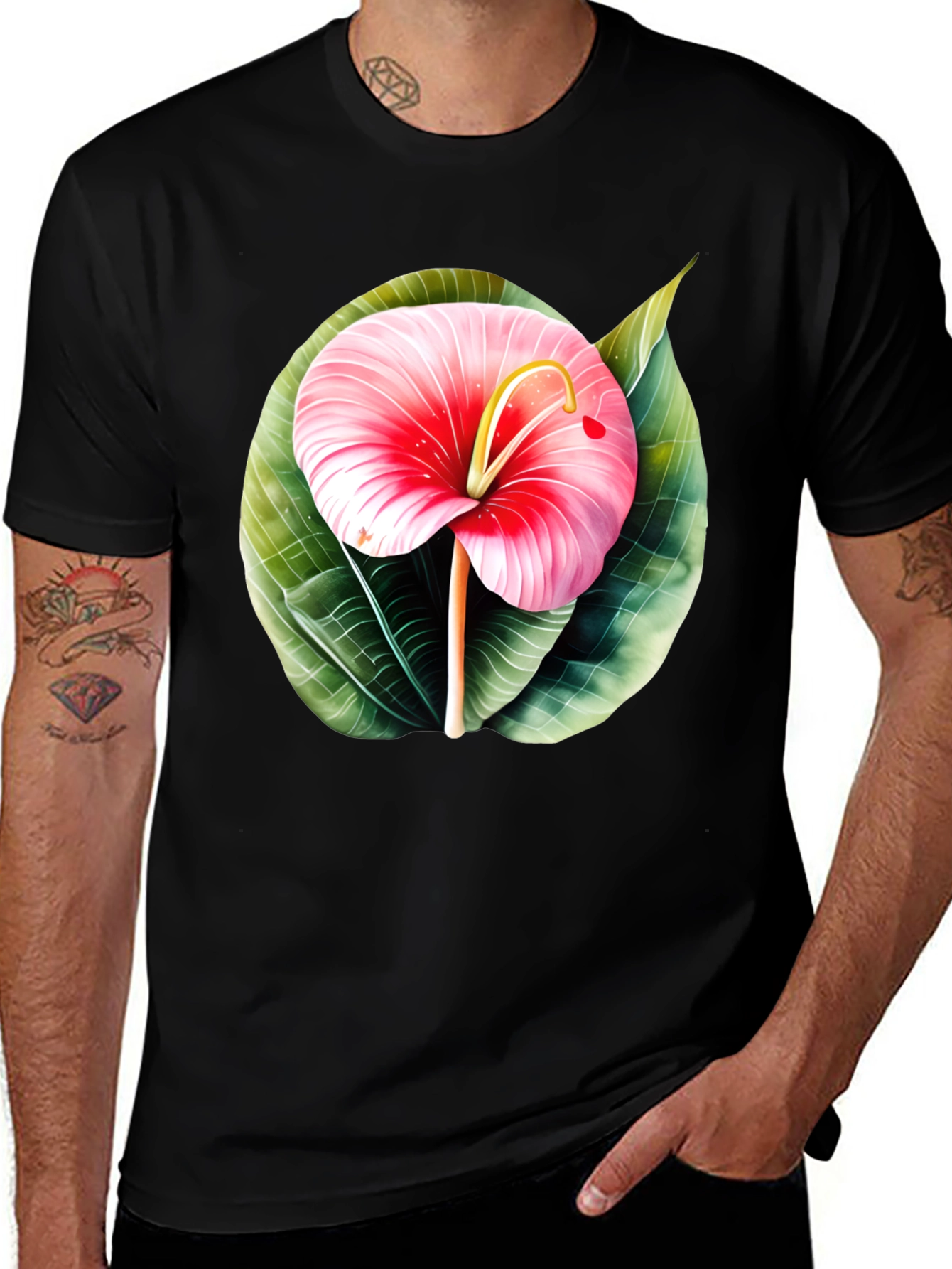 Tropical Flower Graphic Tee - Mens Black T-Shirt