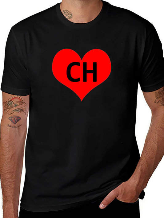 Black T-Shirt with Red Heart CH Graphic Print