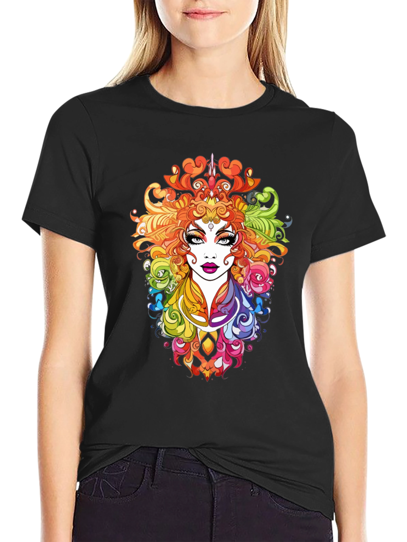 Rainbow Goddess Graphic Print Black T-Shirt