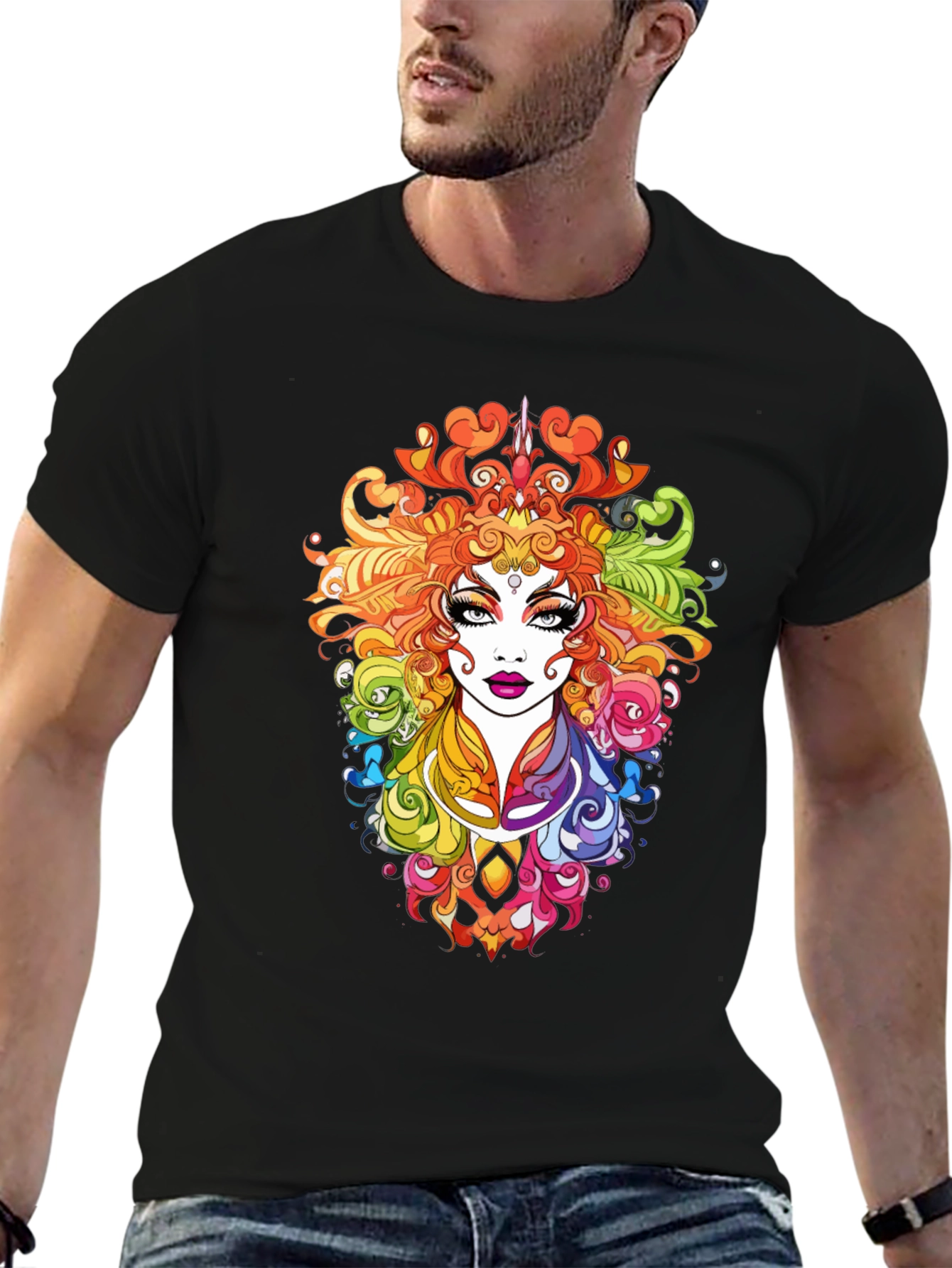 Rainbow Goddess Graphic Print Black T-Shirt