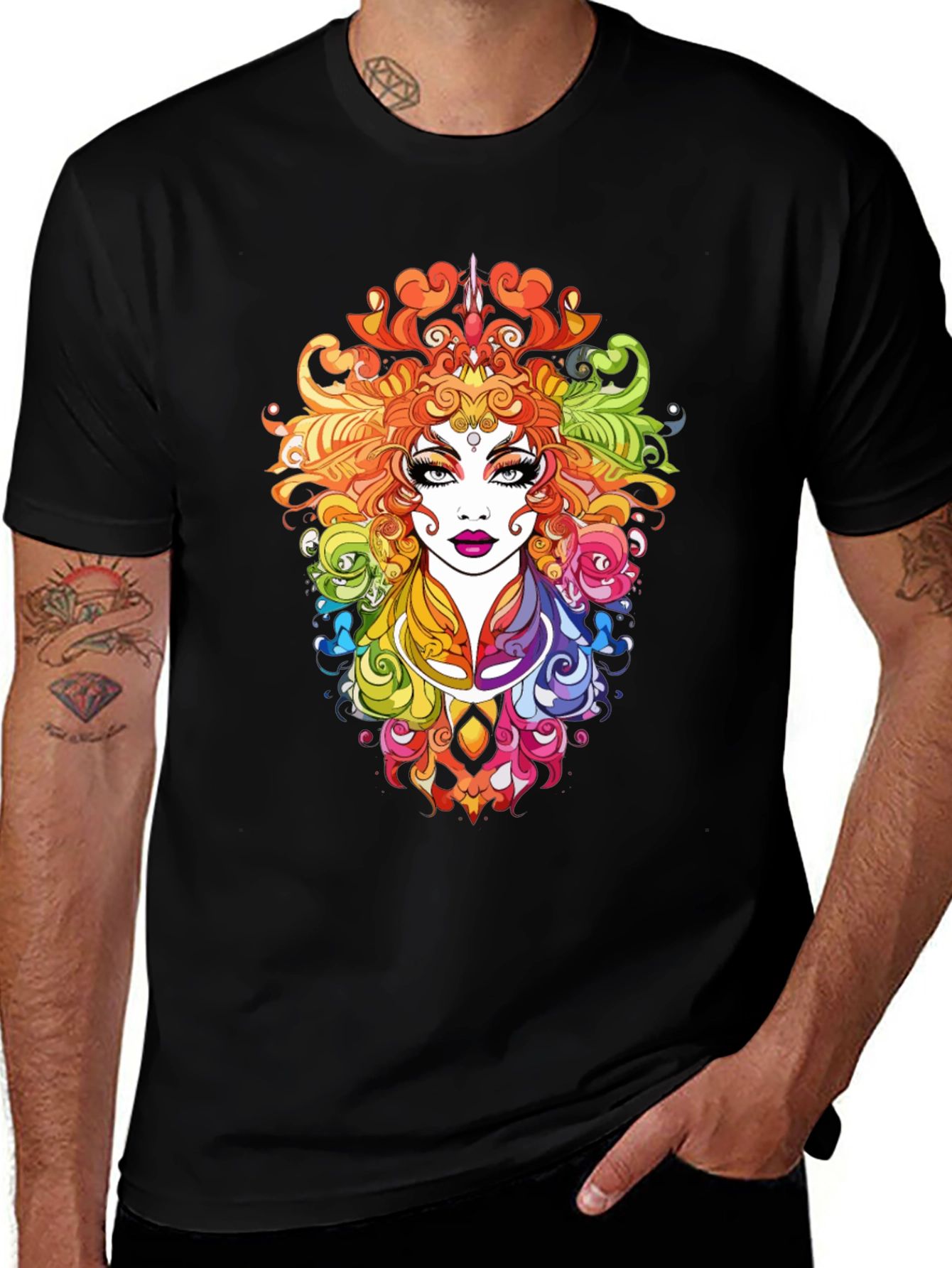 Rainbow Goddess Graphic Print Black T-Shirt