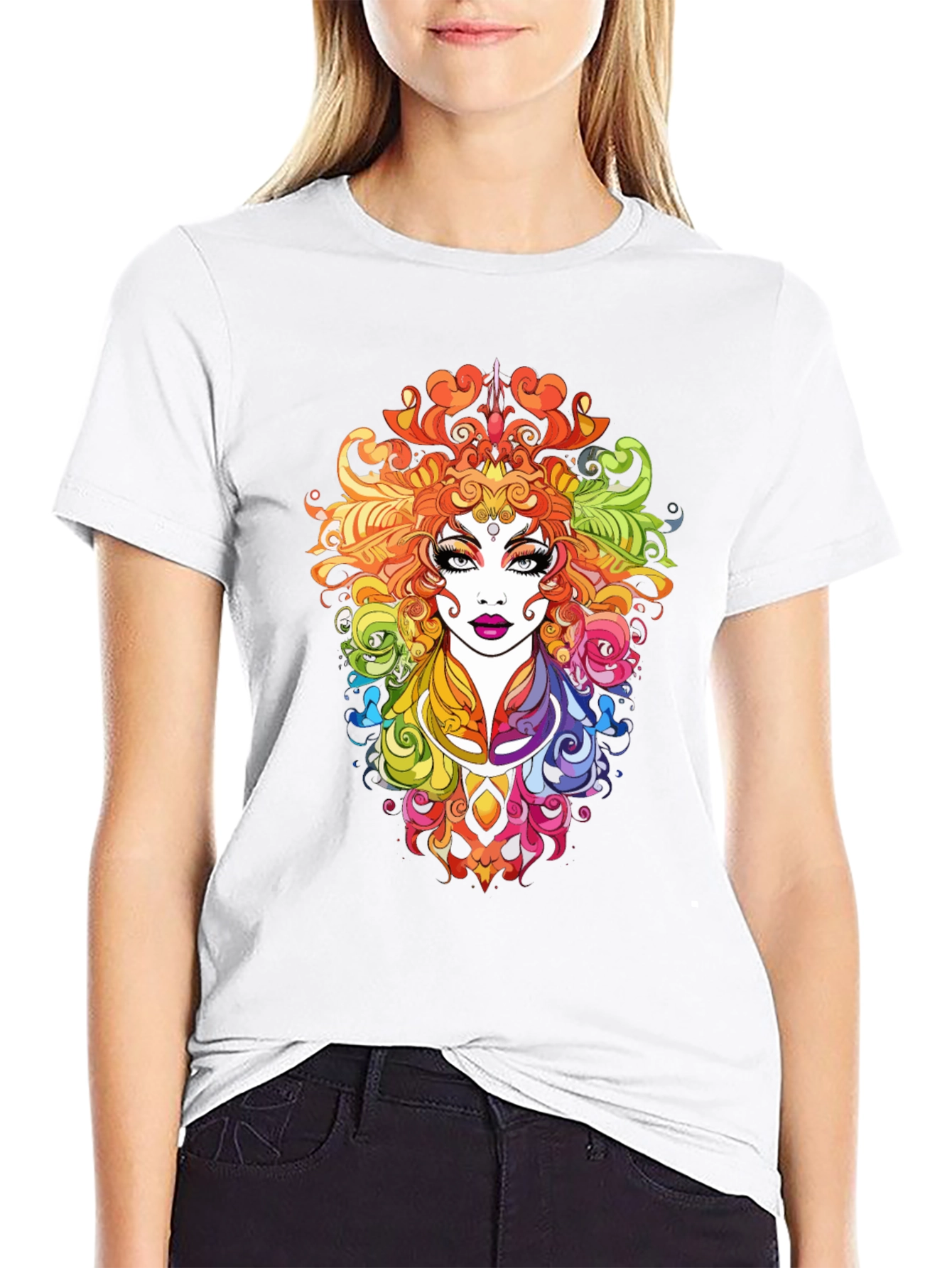 Rainbow Goddess Graphic Print Black T-Shirt