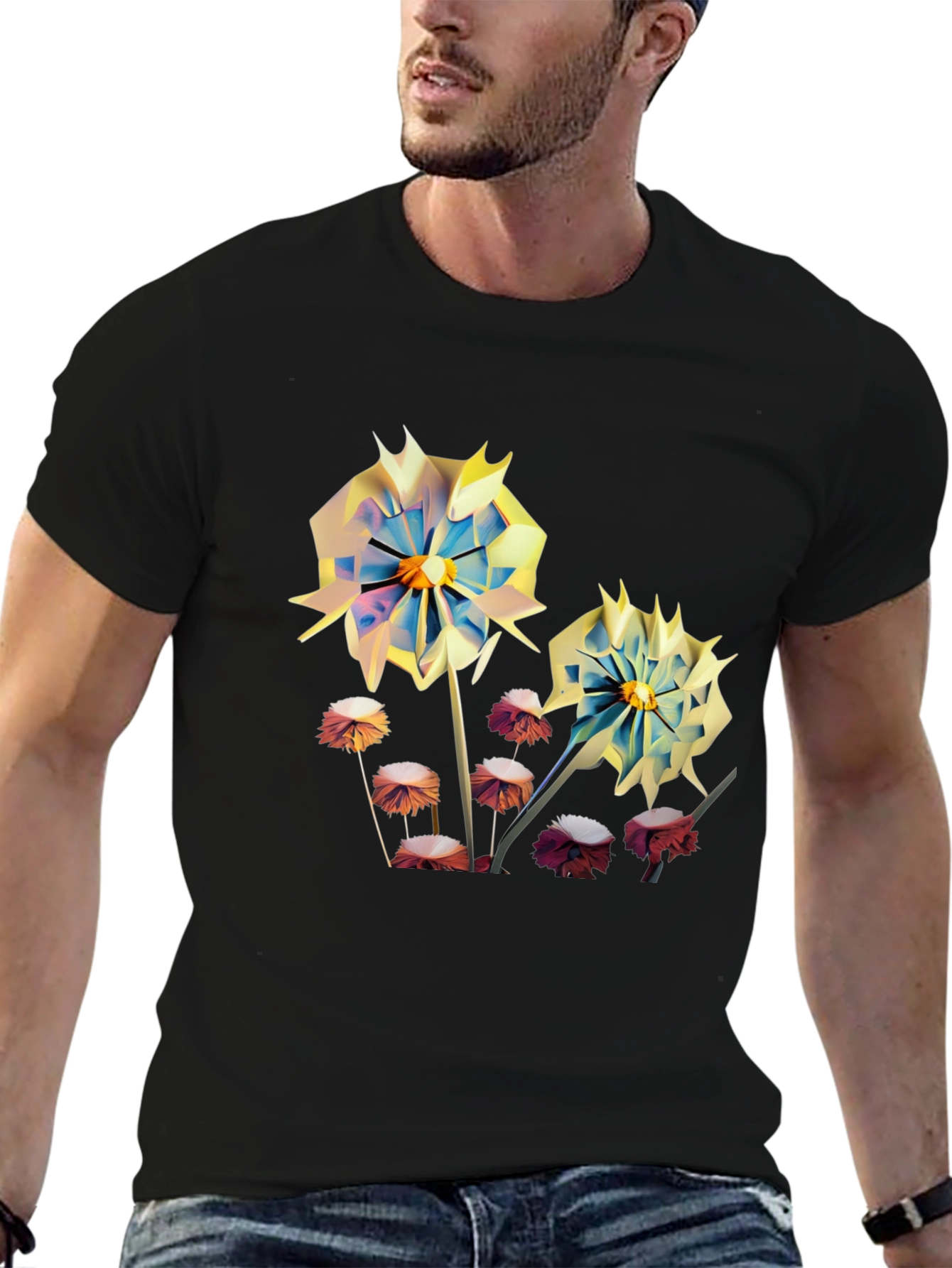 Floral Print Mens T-Shirt - Unique Artistic Design