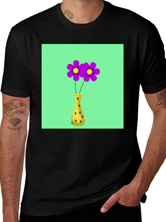 Floral Vase Graphic Tee - Black Cotton Casual Wear