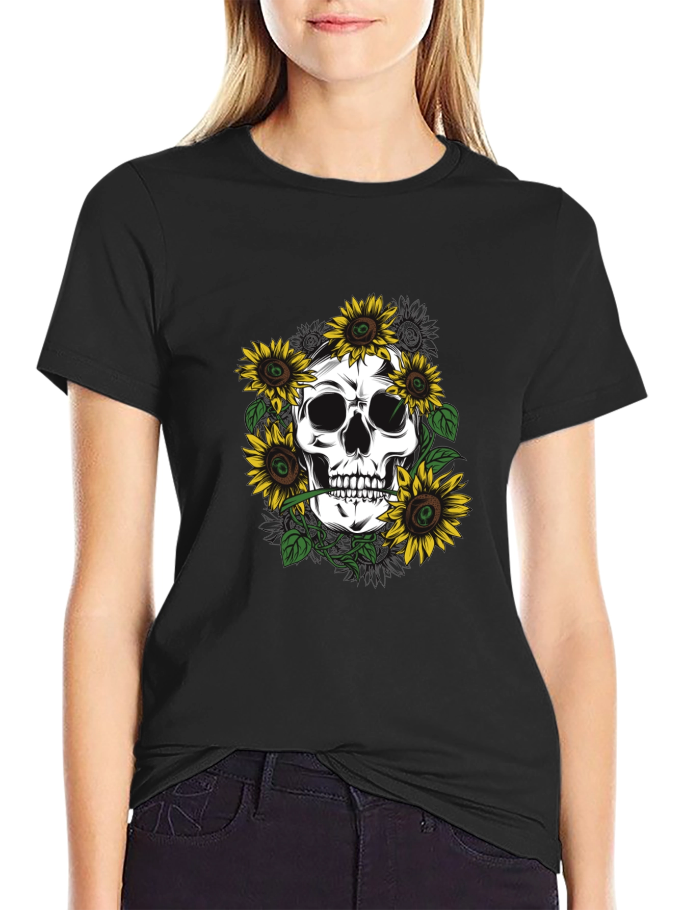 Skull & Sunflower Graphic Tee - Black Cotton T-Shirt