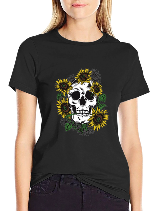 Skull & Sunflower Graphic Tee - Black Cotton T-Shirt