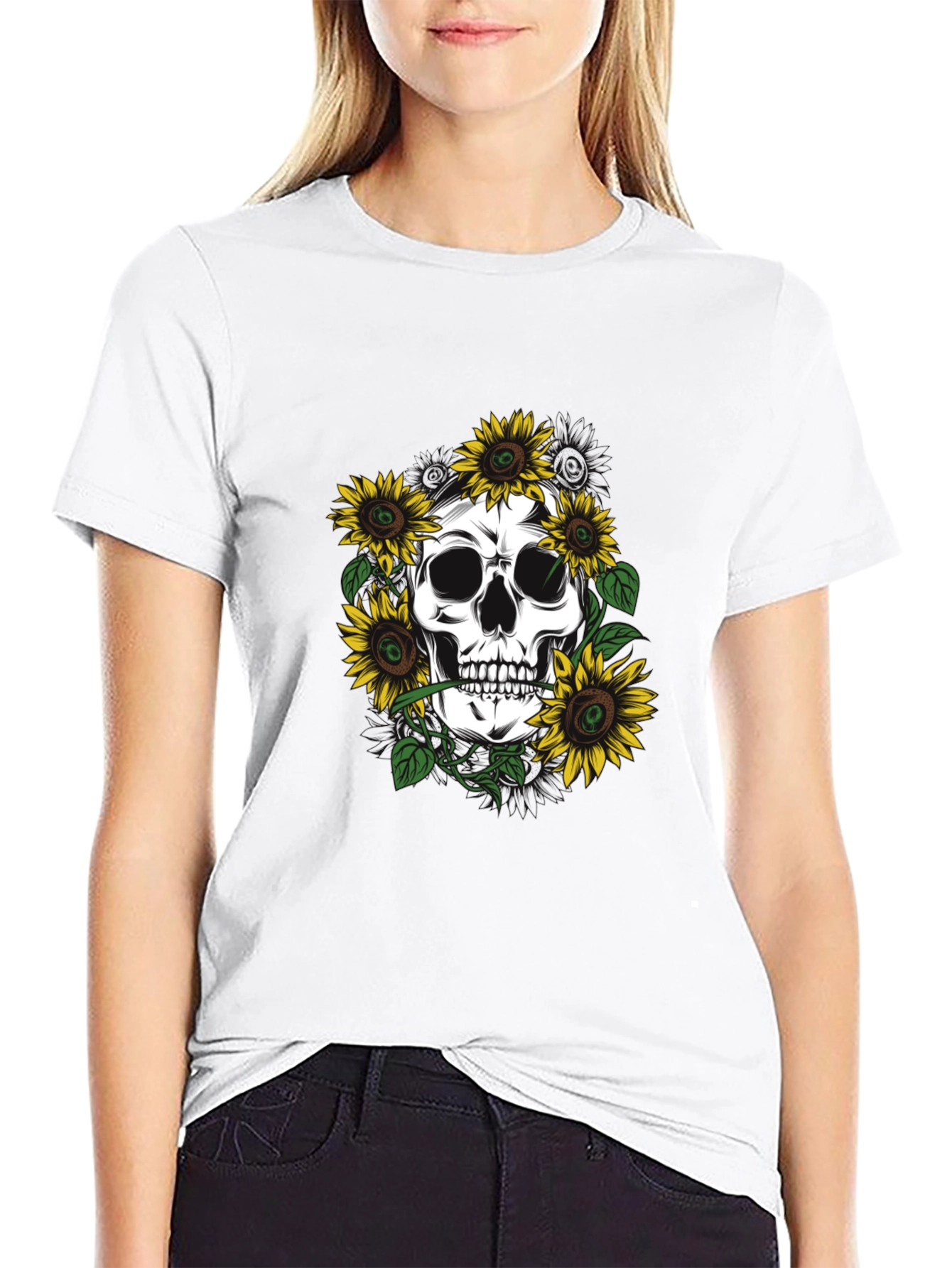 Skull & Sunflower Graphic Tee - Black Cotton T-Shirt