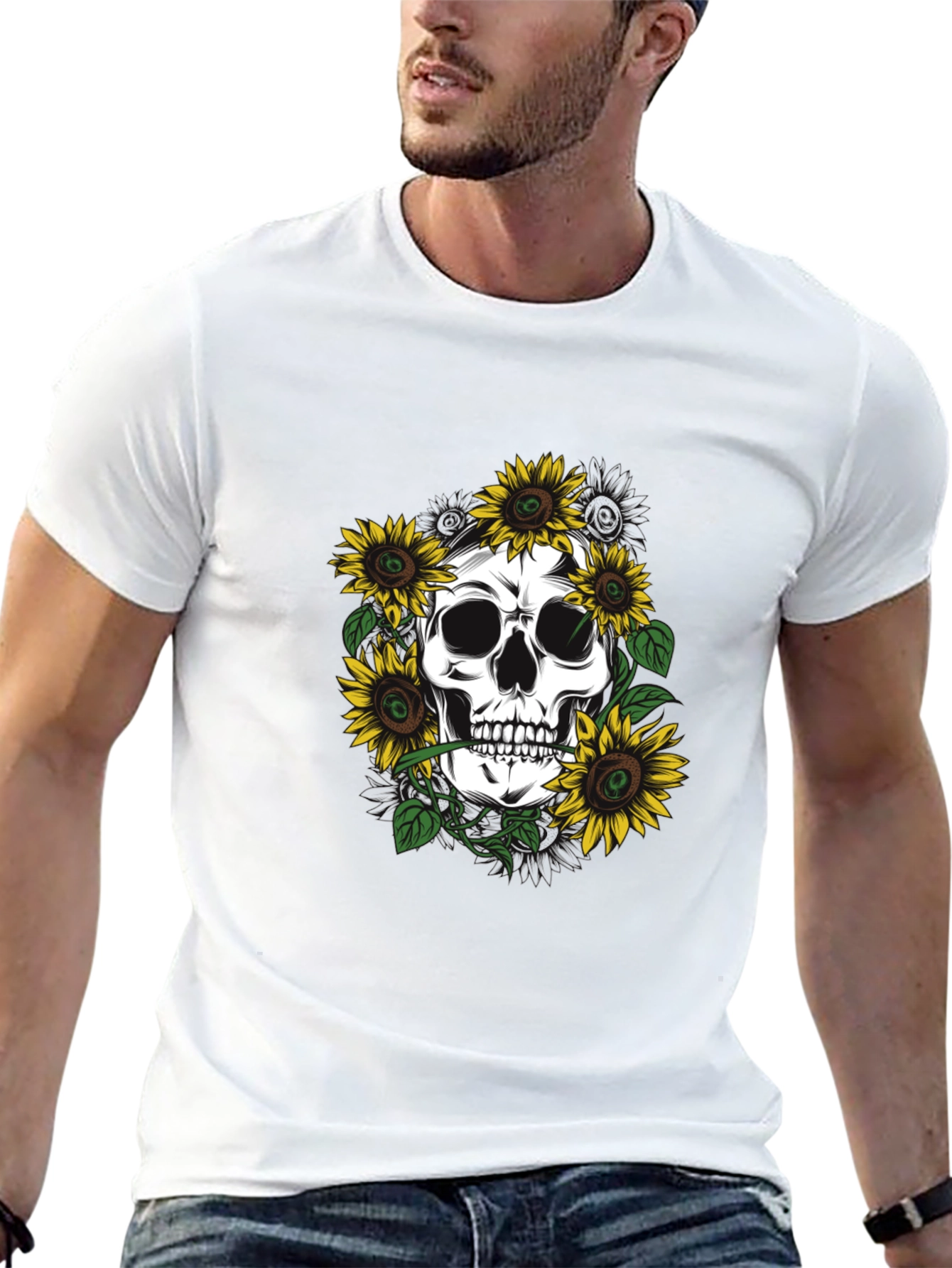 Skull & Sunflower Graphic Tee - Black Cotton T-Shirt
