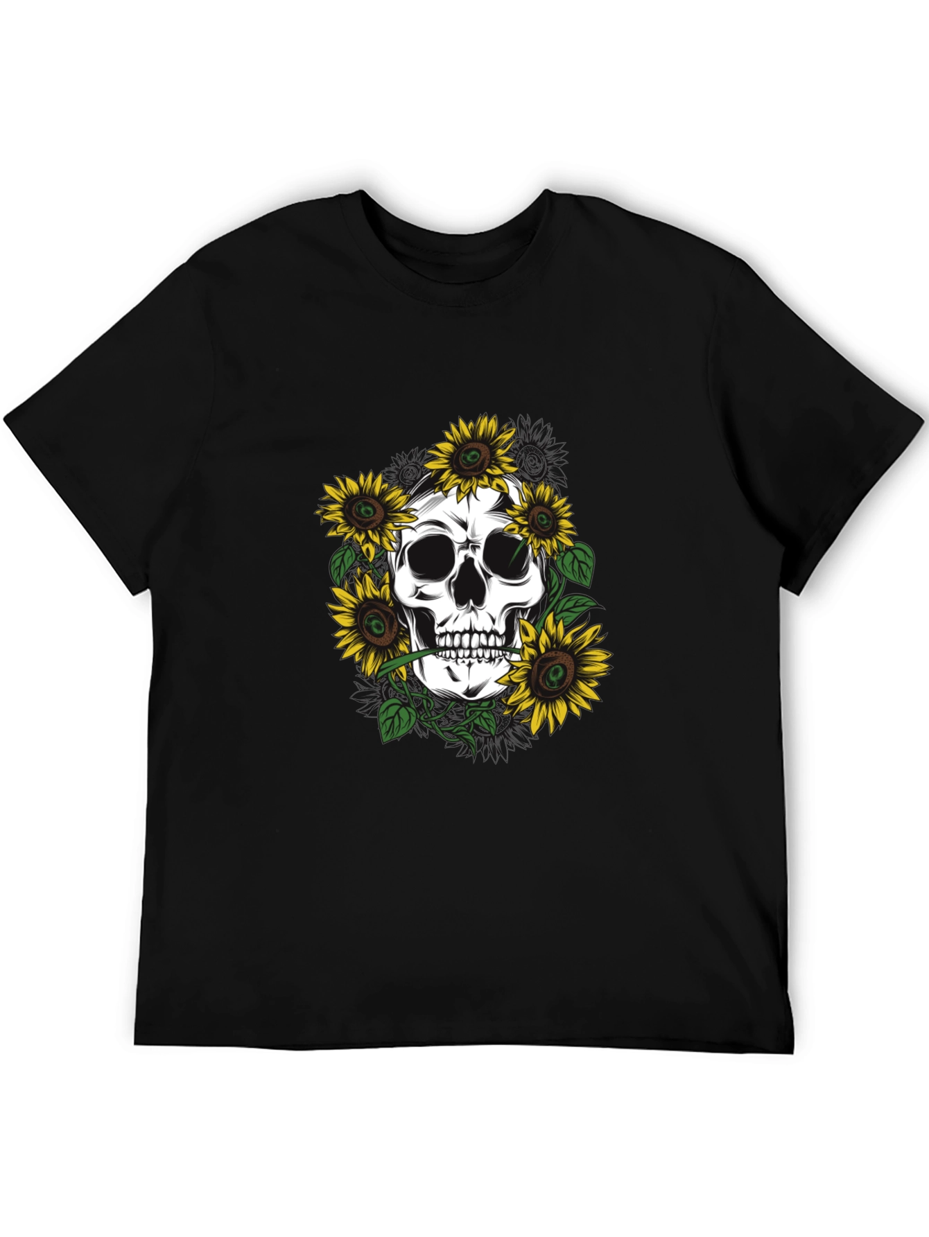Skull & Sunflower Graphic Tee - Black Cotton T-Shirt