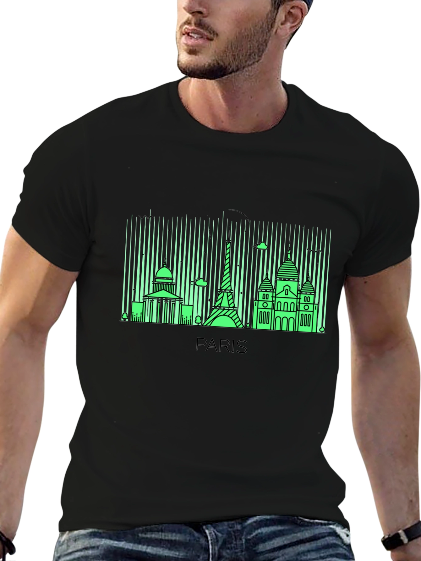 Paris Skyline Graphic Tee - Black Cotton T-Shirt