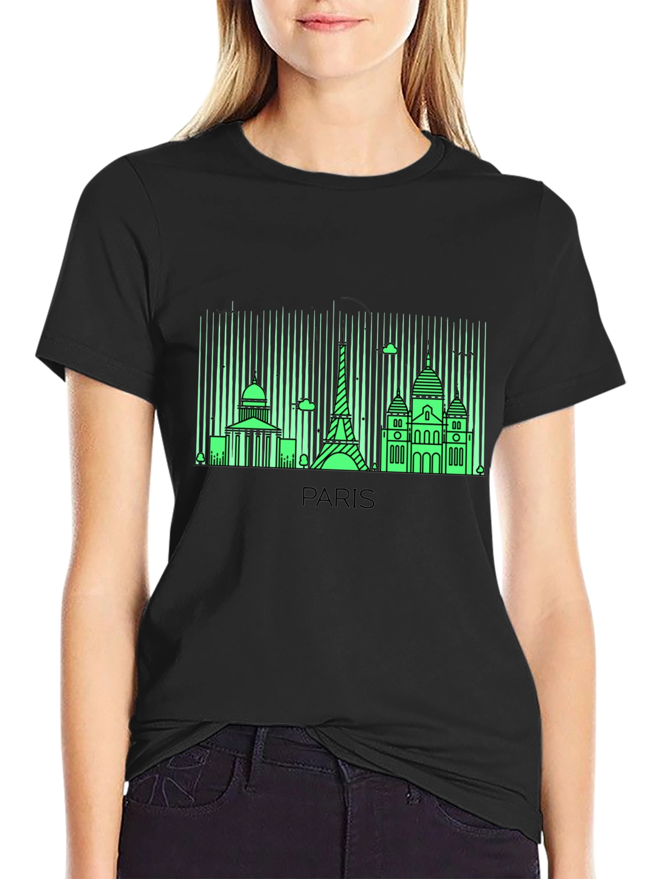Paris Skyline Graphic Tee - Black Cotton T-Shirt