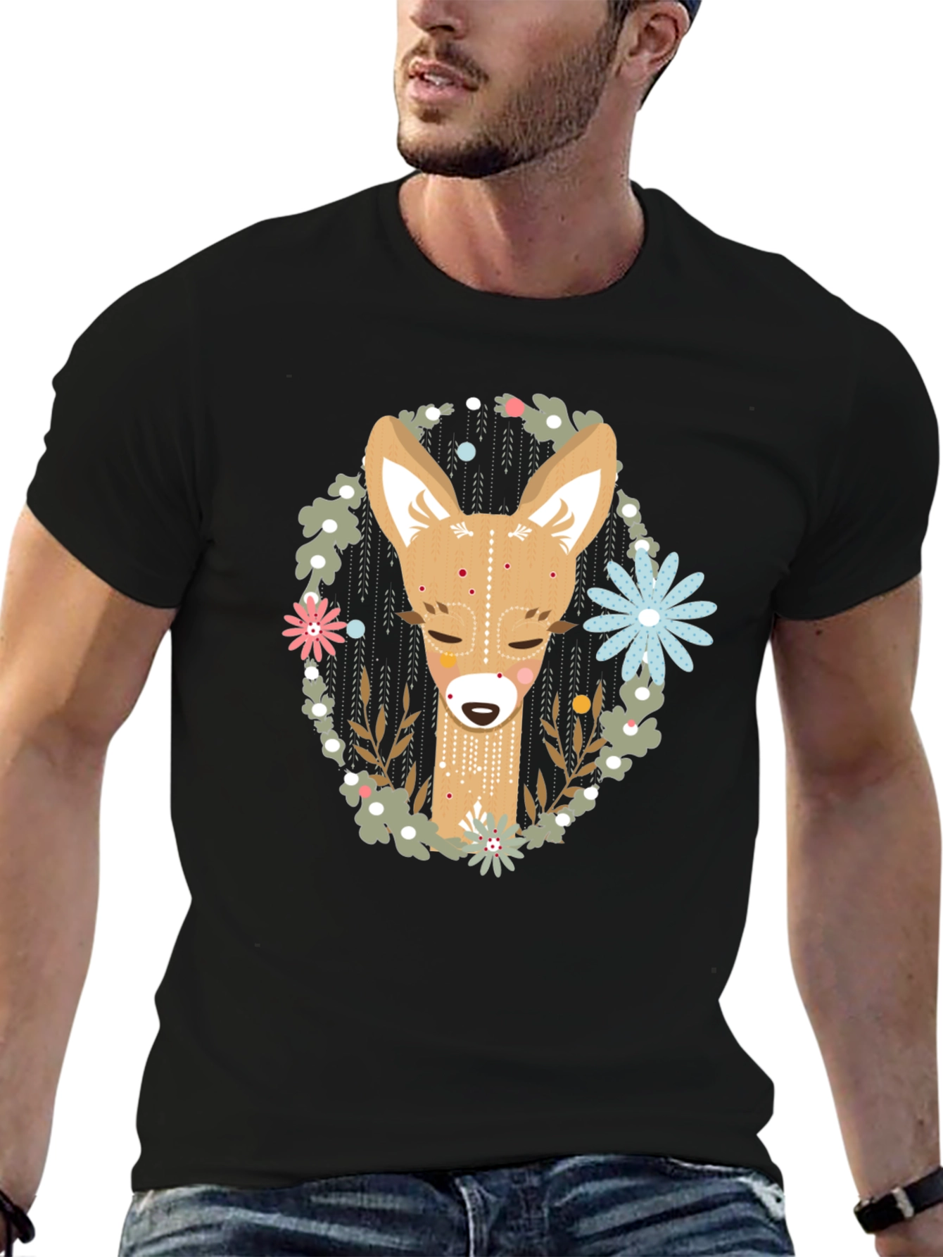 Deer Graphic Tee - Black Cotton Blend