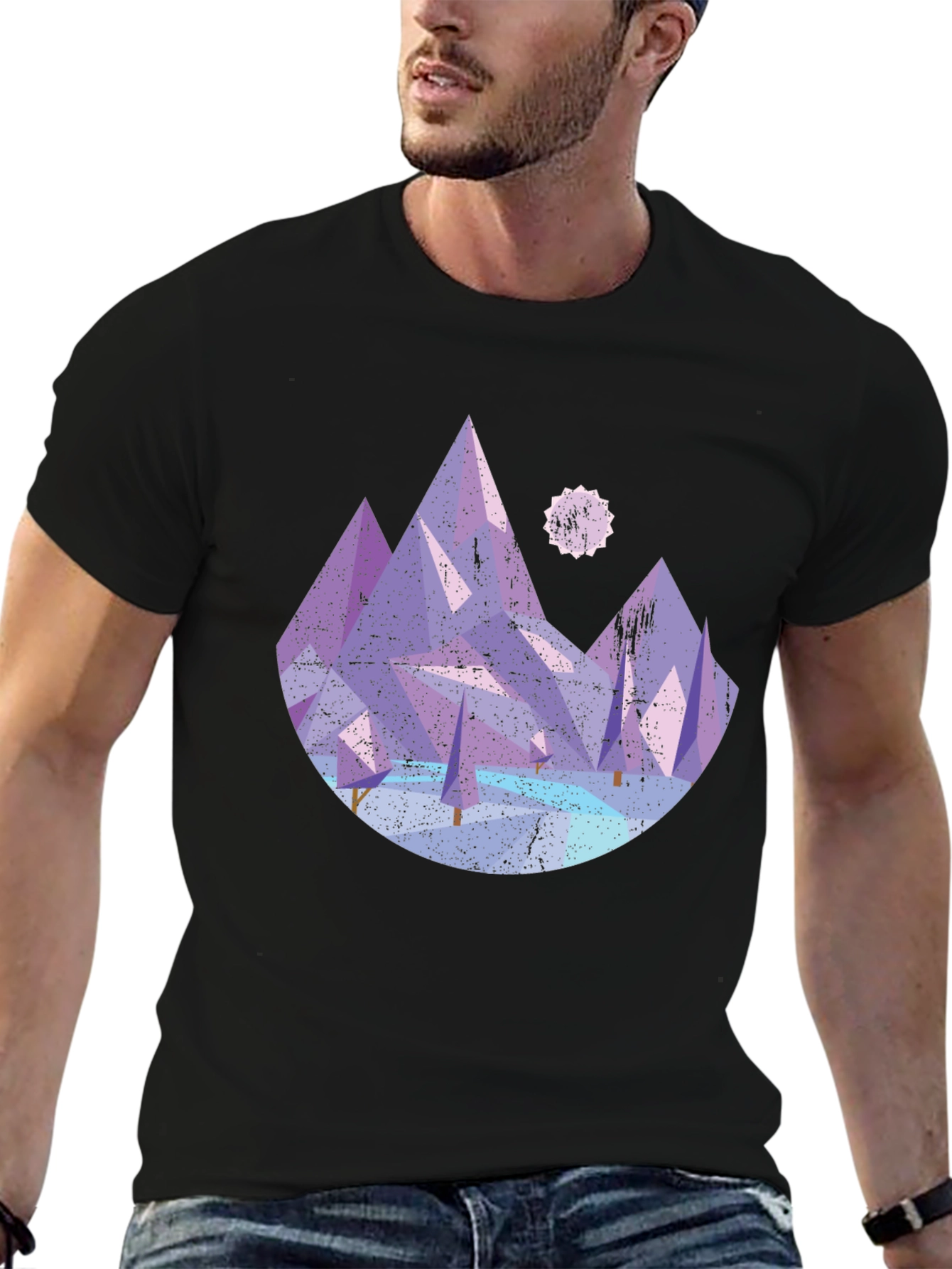 Abstract Mountain Graphic Tee - Black Cotton Shirt
