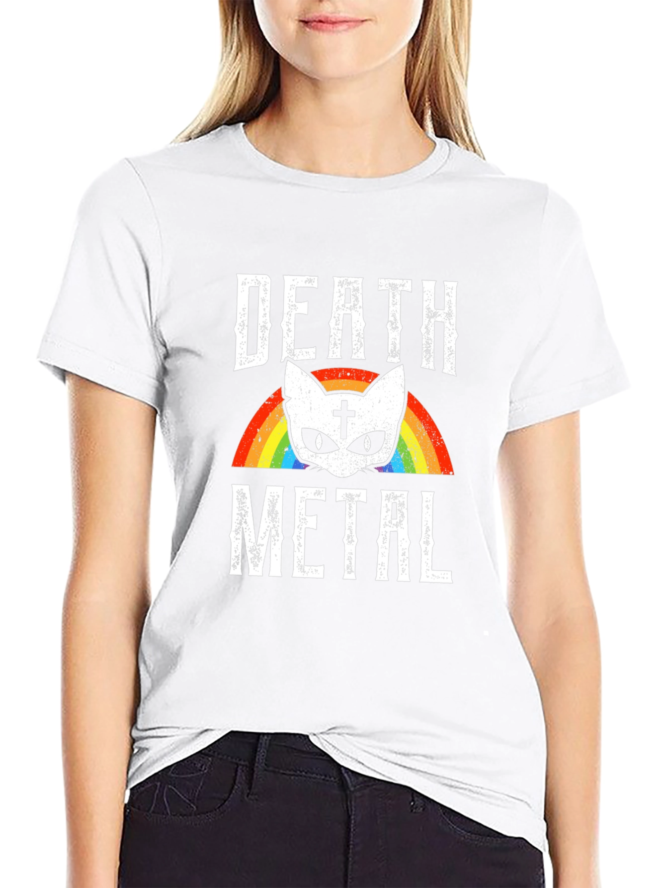 Death Metal Cat Rainbow Graphic T-Shirt