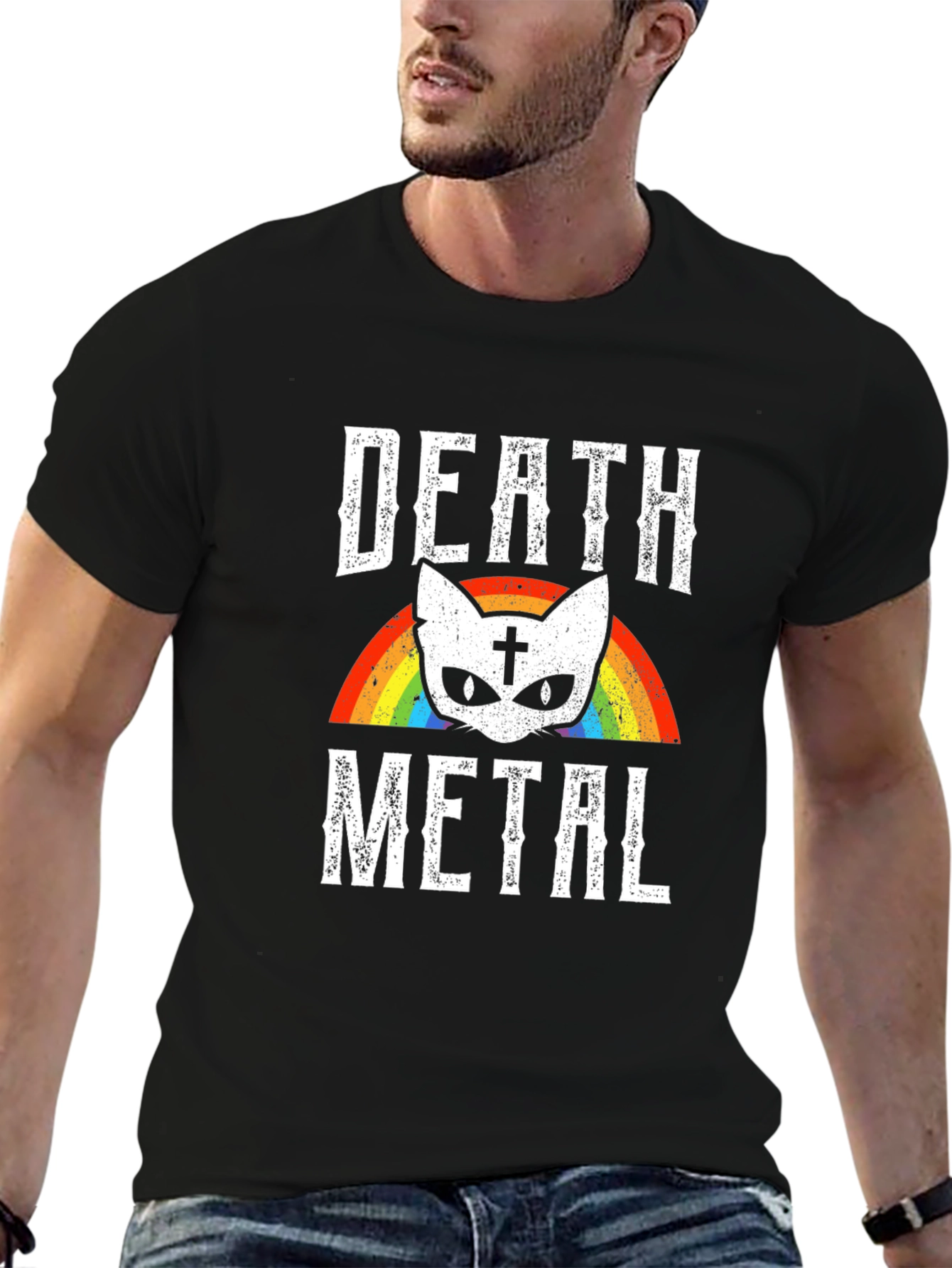 Death Metal Cat Rainbow Graphic T-Shirt