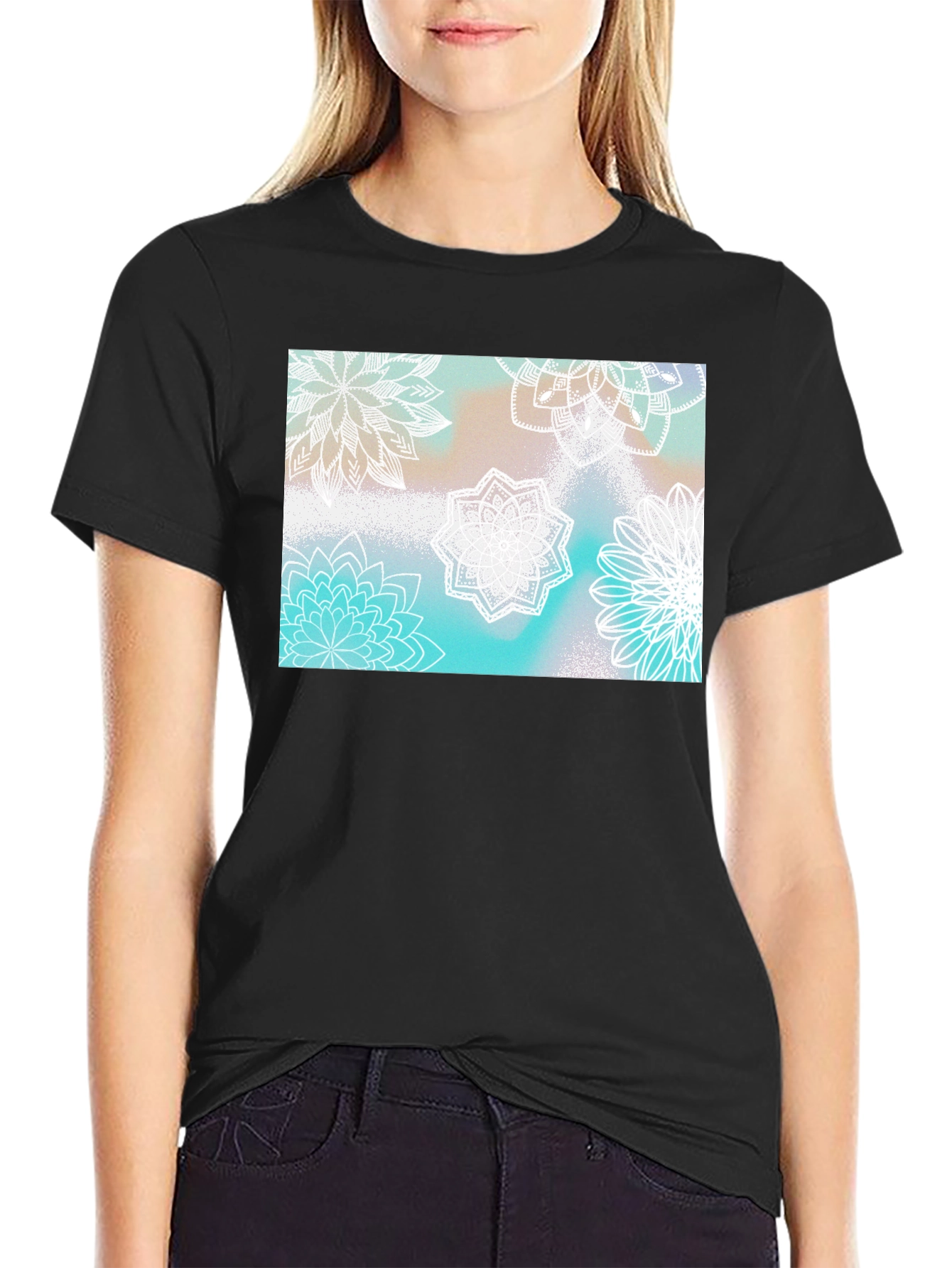 Floral Mandala Print Black T-Shirt