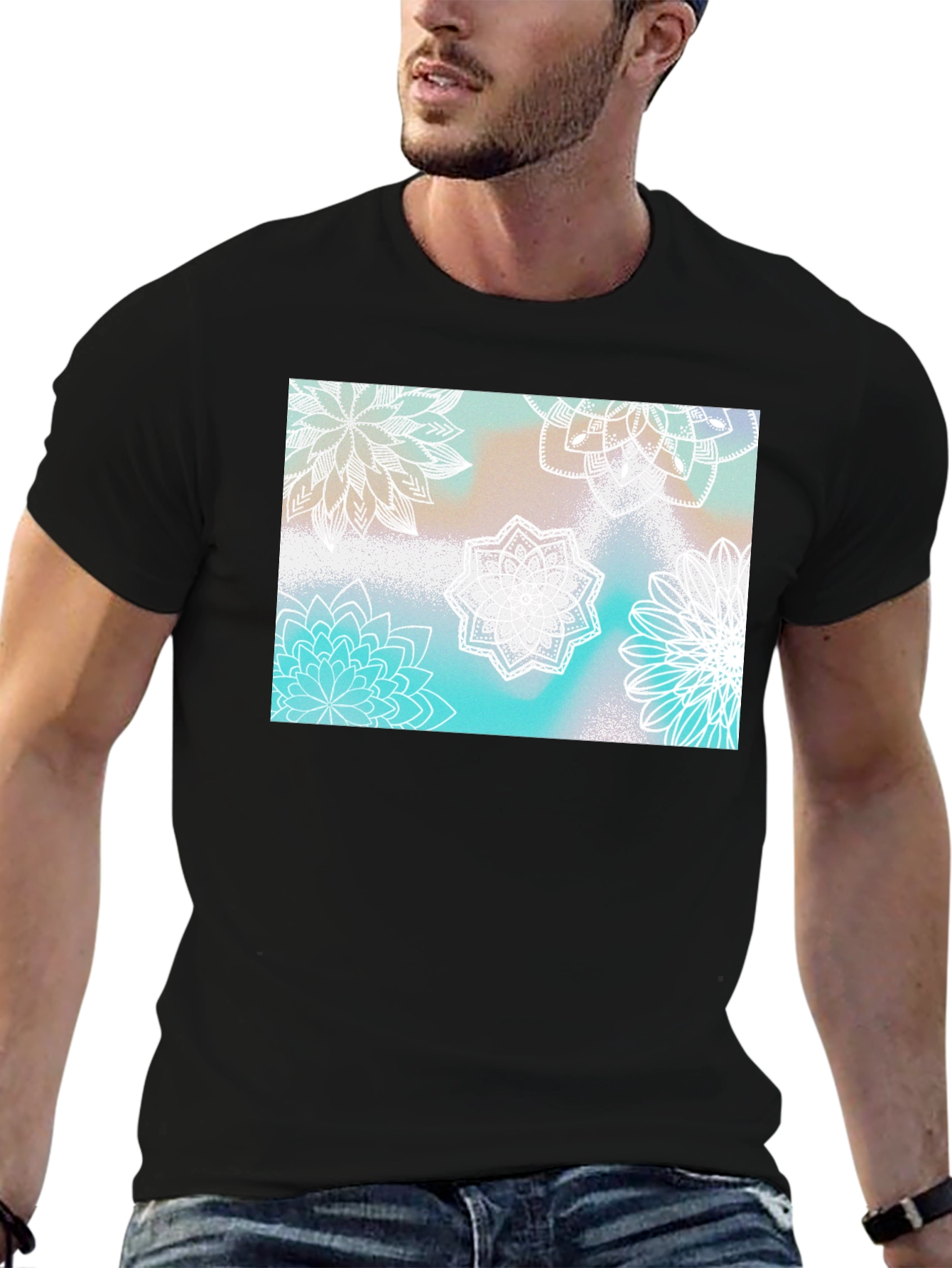 Floral Mandala Print Black T-Shirt