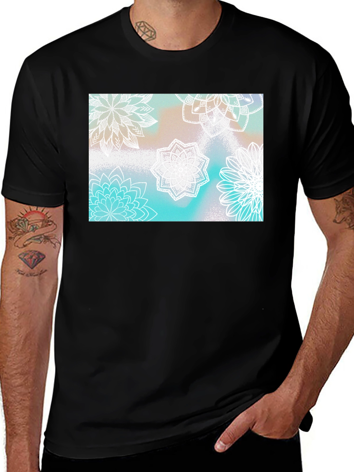 Floral Mandala Print Black T-Shirt