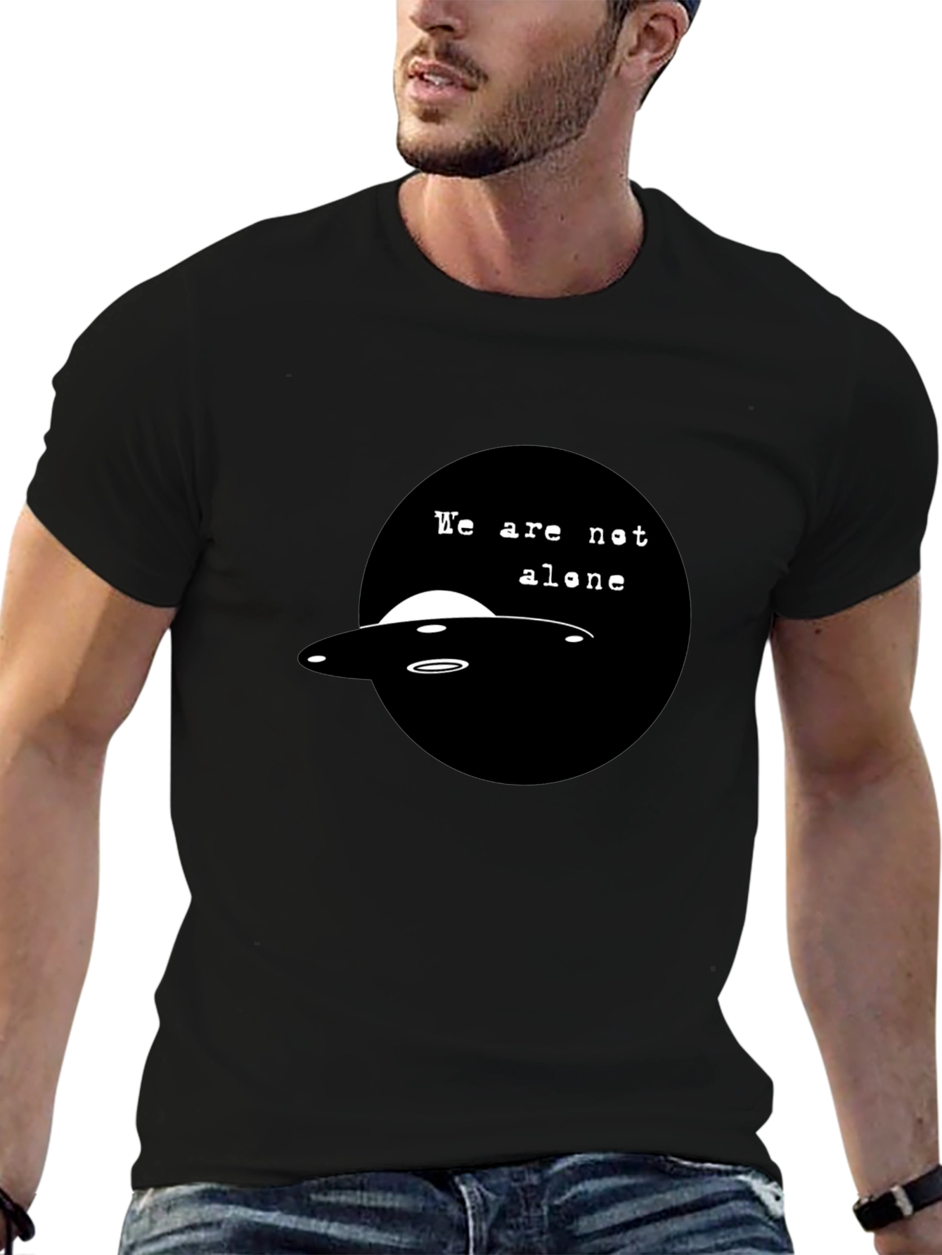 UFO We Are Not Alone Graphic Black T-Shirt