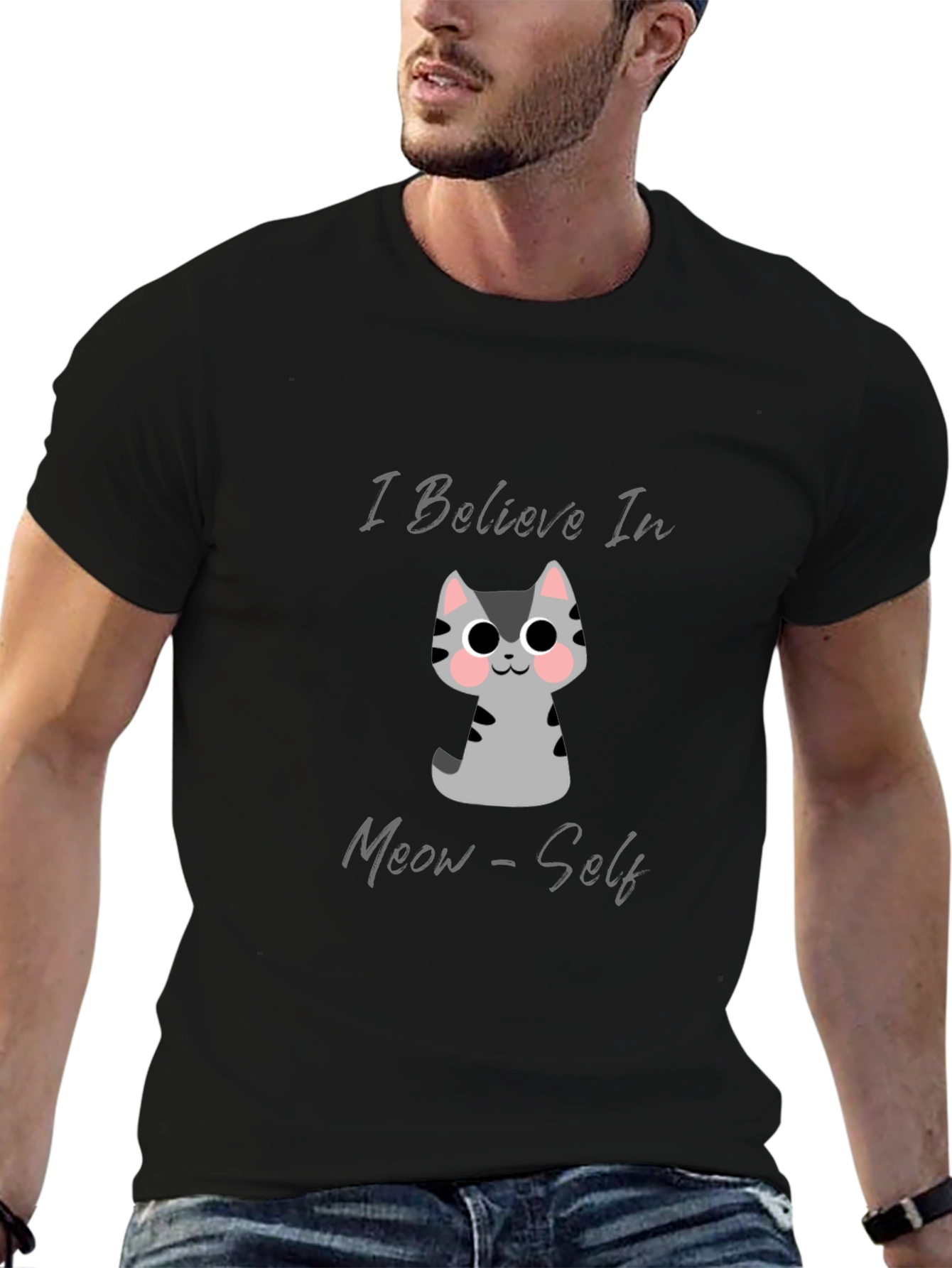 Believe In Meow-Self Black Graphic T-Shirt