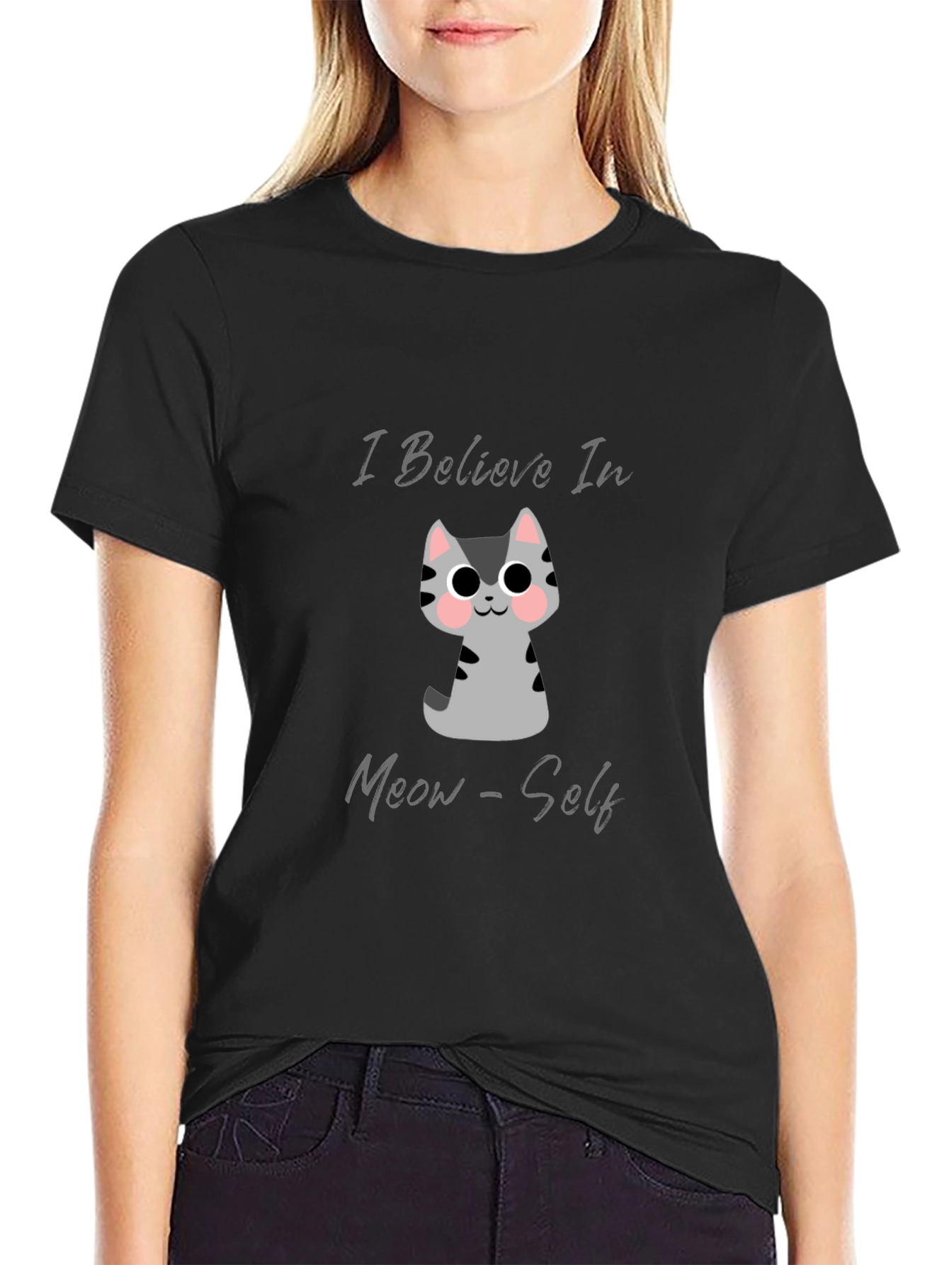 Believe In Meow-Self Black Graphic T-Shirt