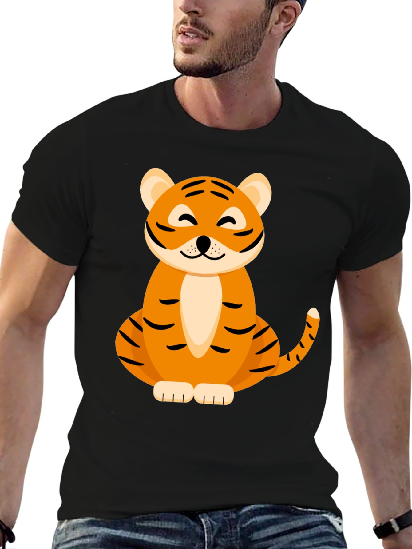 Cute Tiger Graphic Tee - Black Cotton Blend T-Shirt