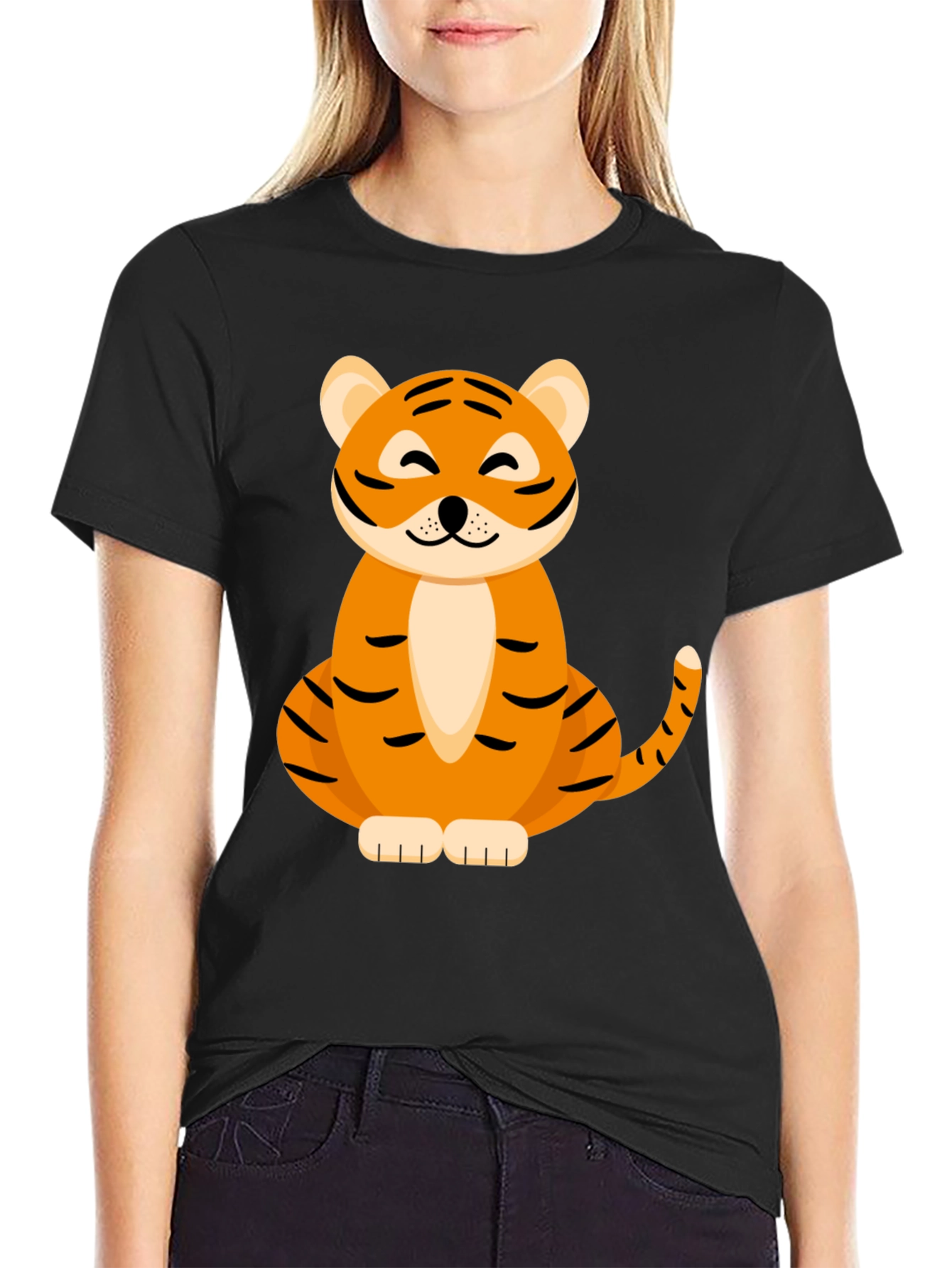 Cute Tiger Graphic Tee - Black Cotton Blend T-Shirt