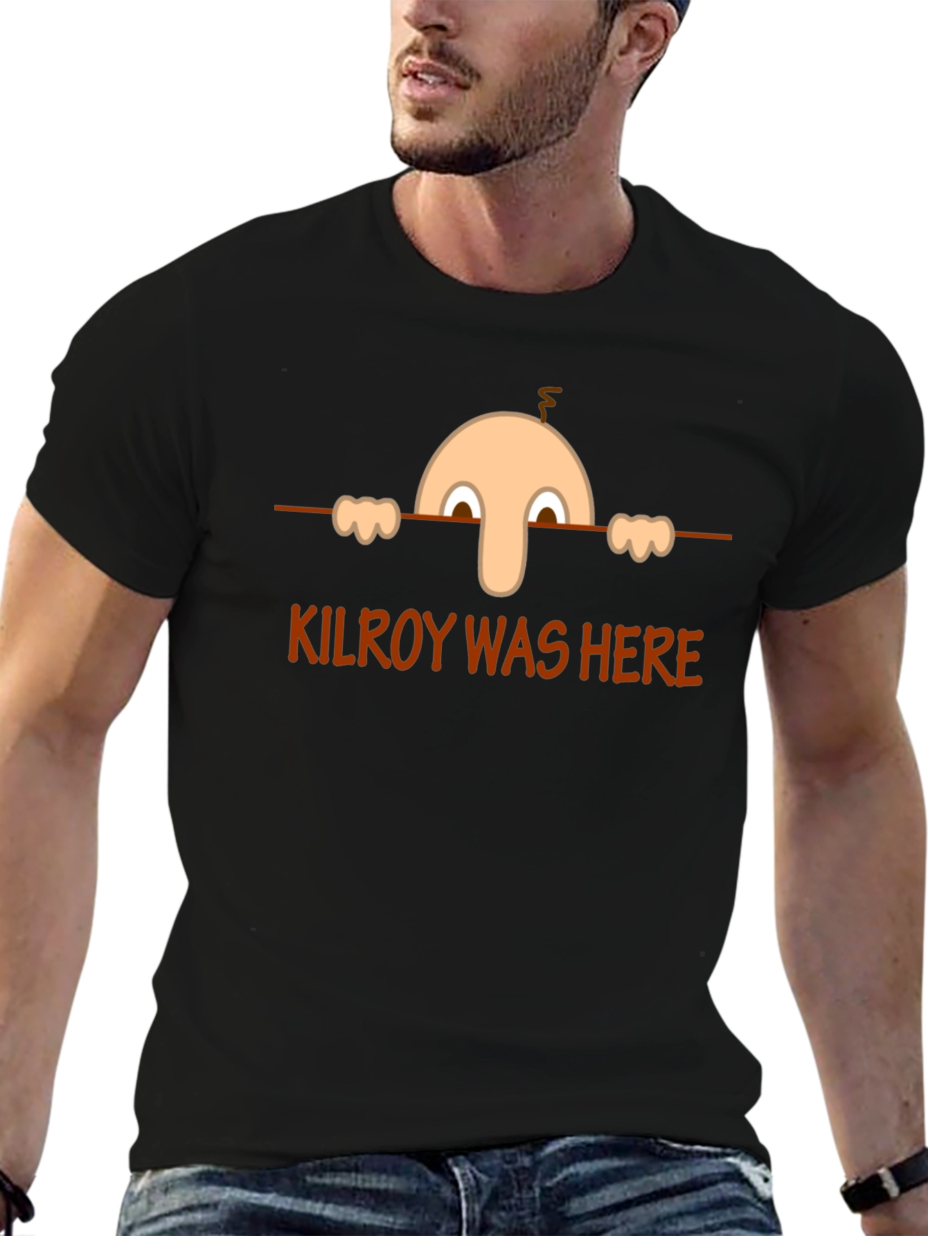 Kilroy Was Here Black T-Shirt - Classic Cartoon
