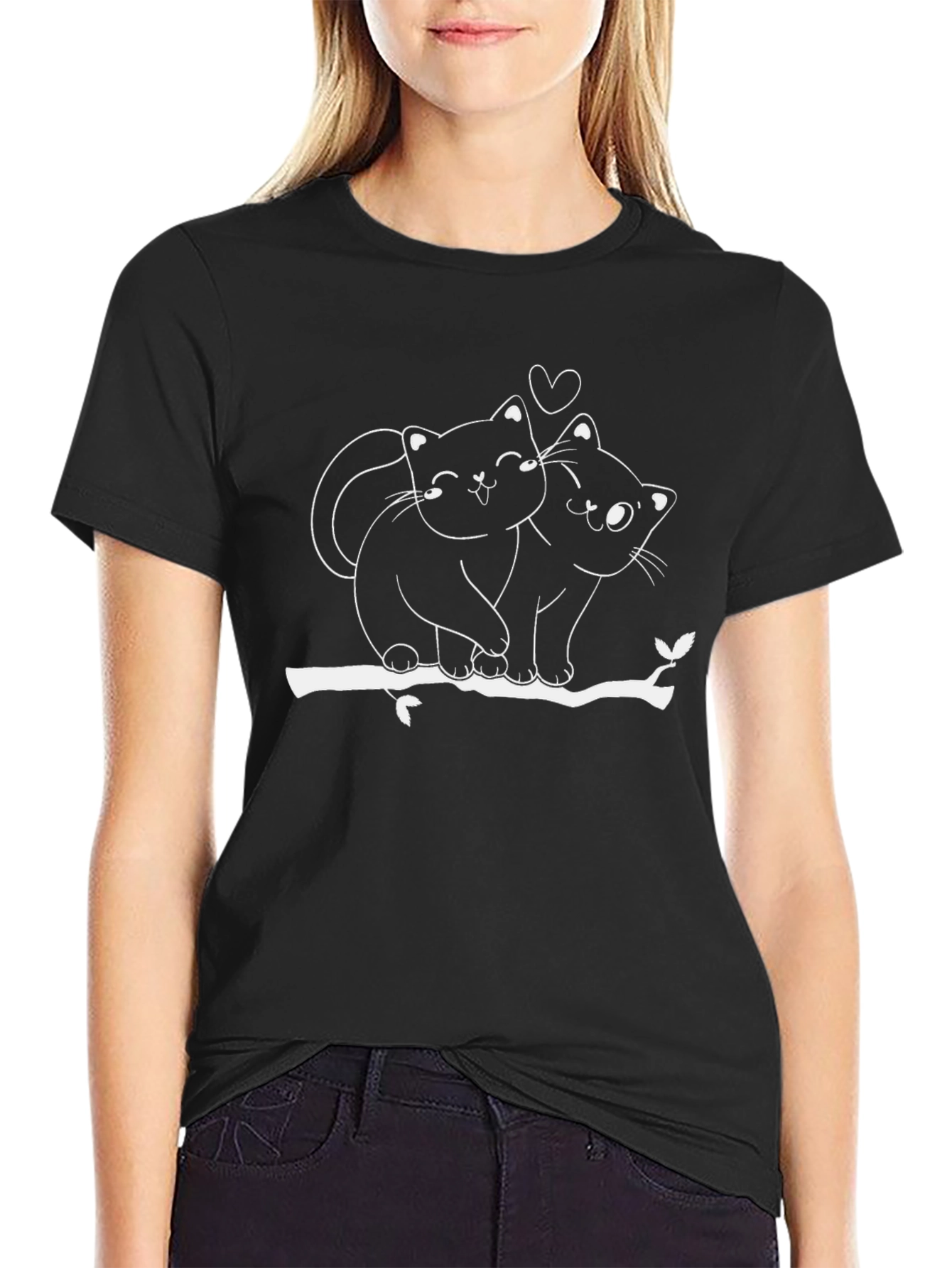 Cute Cat Couple T-Shirt - Black