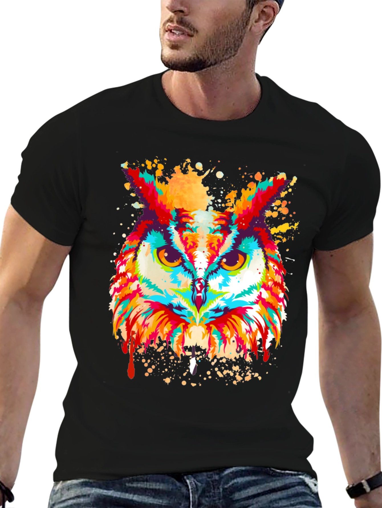 Abstract Owl Graphic Print Black T-Shirt